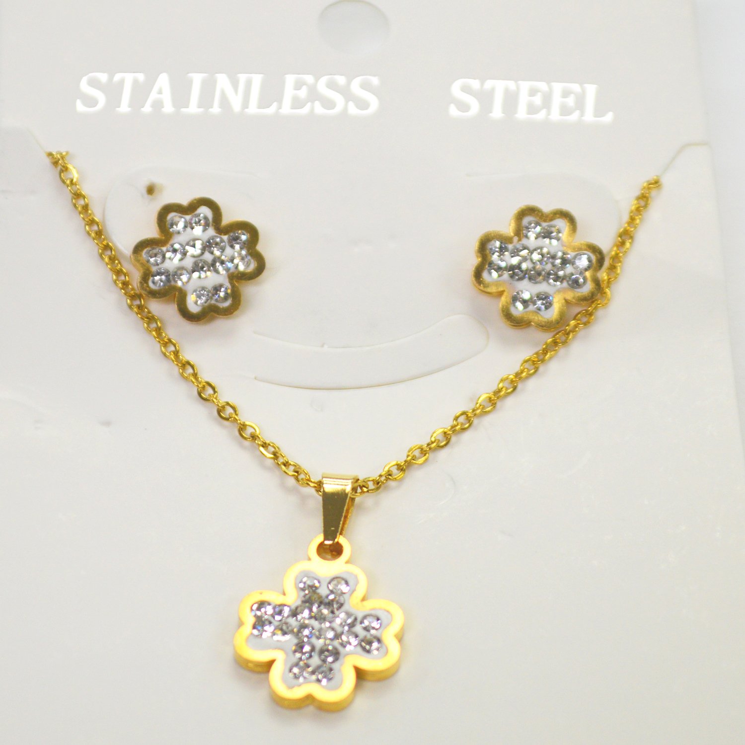 Clover Leaf Earrings and Necklace SET Gold IP Plated 89-1021