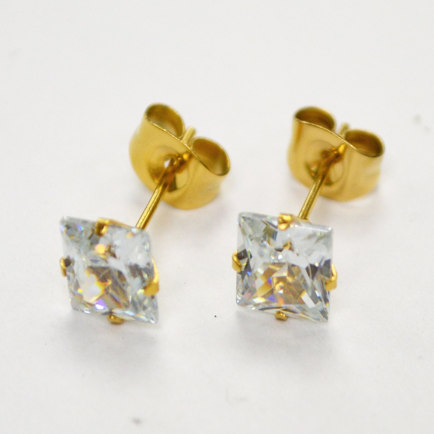 7mm Sq Gold Plated CZ Earrings-10 Pairs