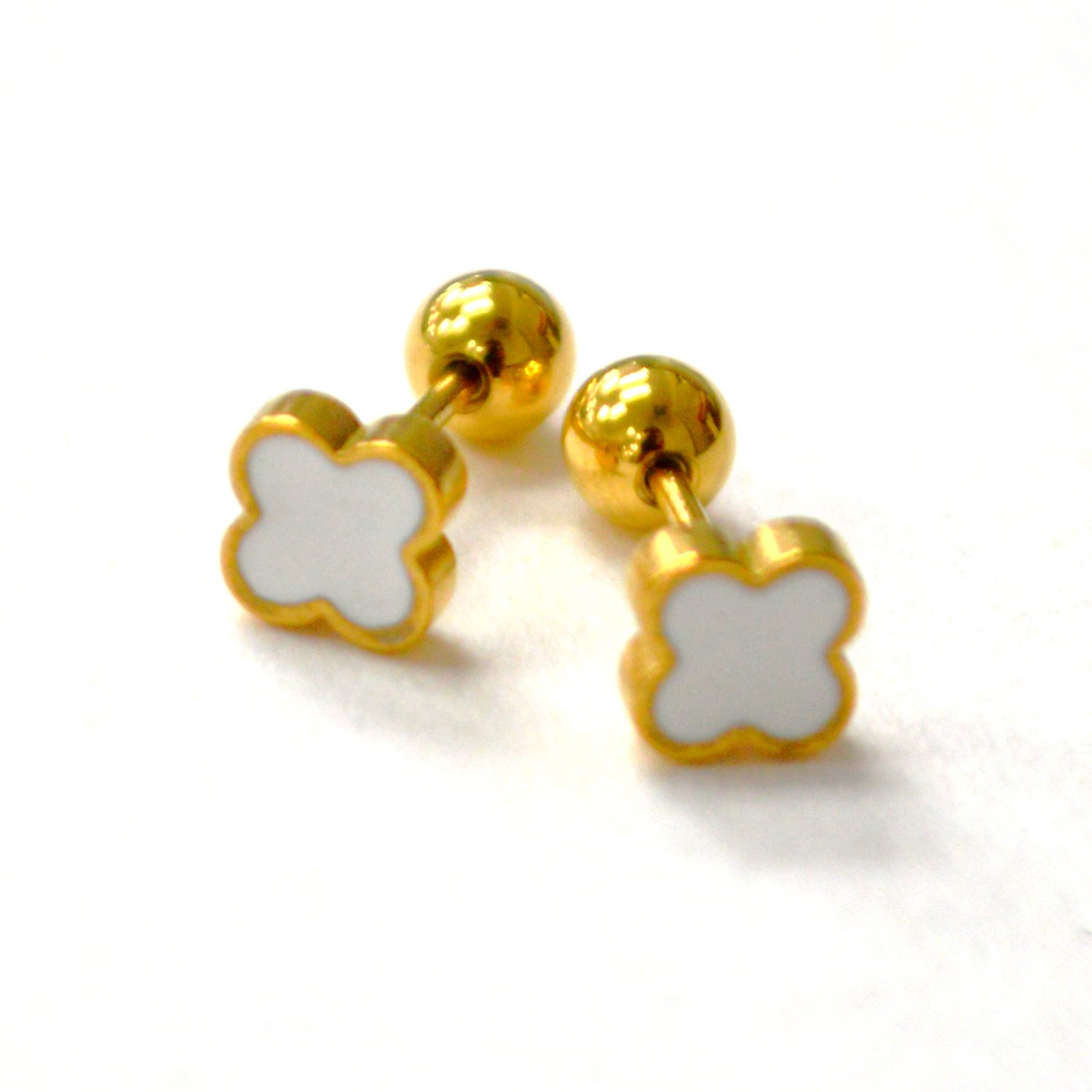 Clover Screw Back Ball Gold Plated Earrings 83-955G-White