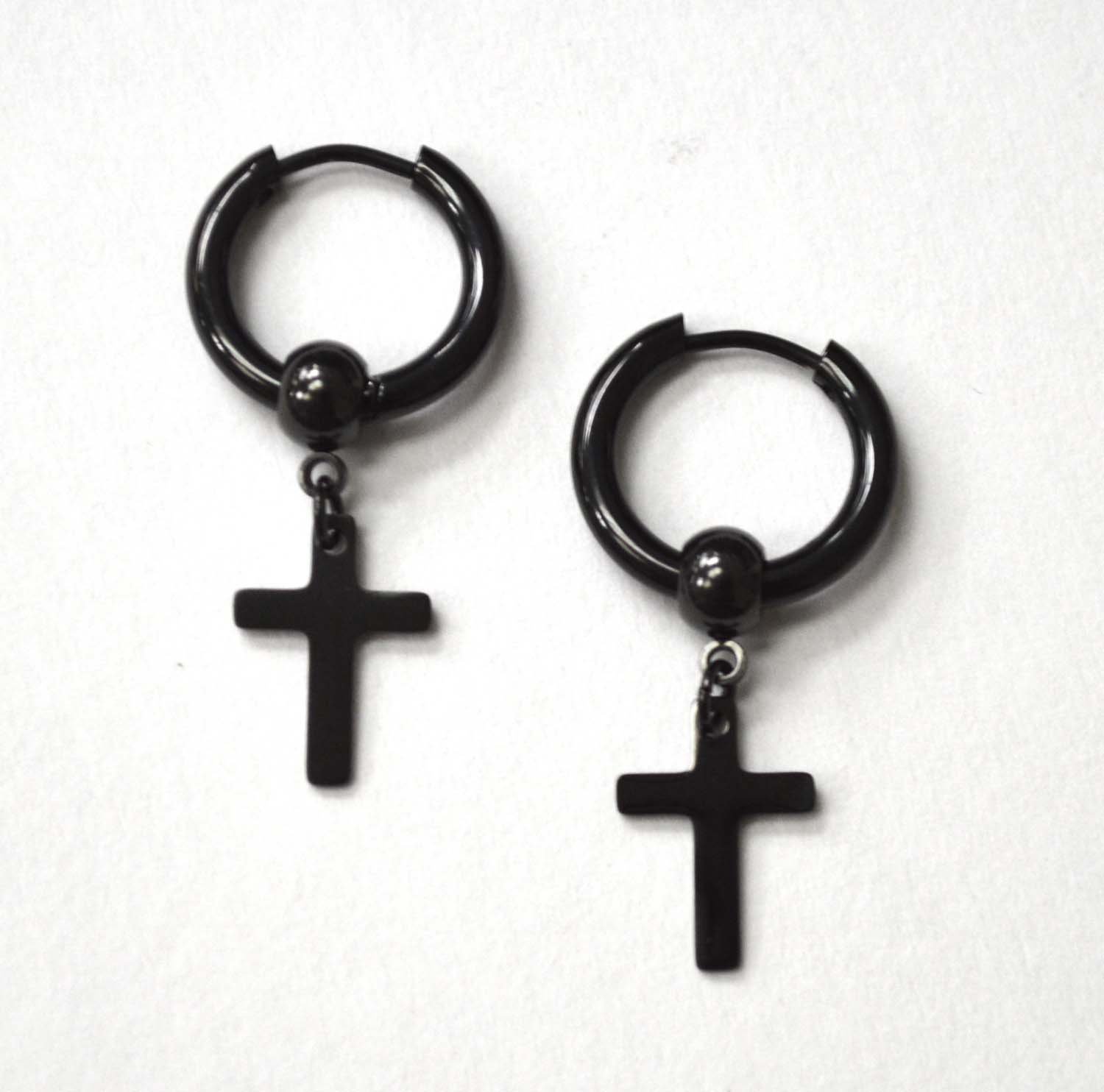 Hoops Earring with Dangling Cross Black Plated 83-768B