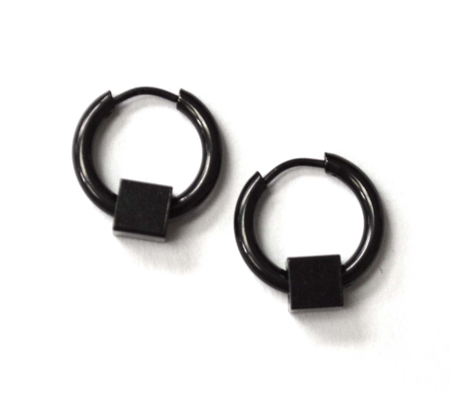Hoops with Cube Black Plated Earrings 83-858B