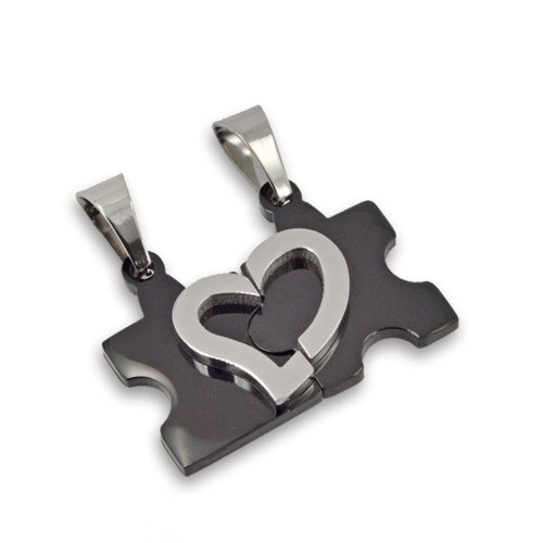 Two Tone Black Stainless Steel Jigsaw with Heart Puzzle Pendant (17x23mm)