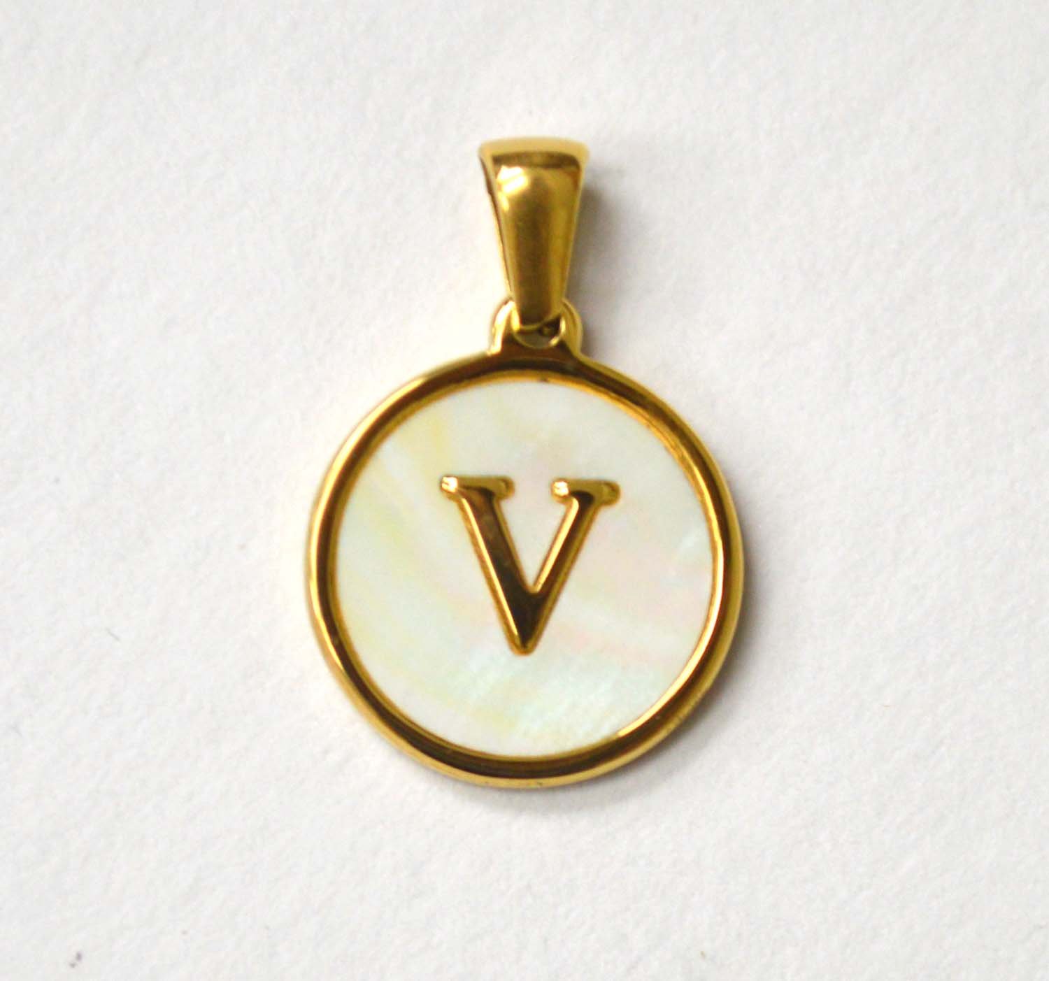 V Initial Gold IP Plated in Mother of Pearl Pendant 86-2479-V