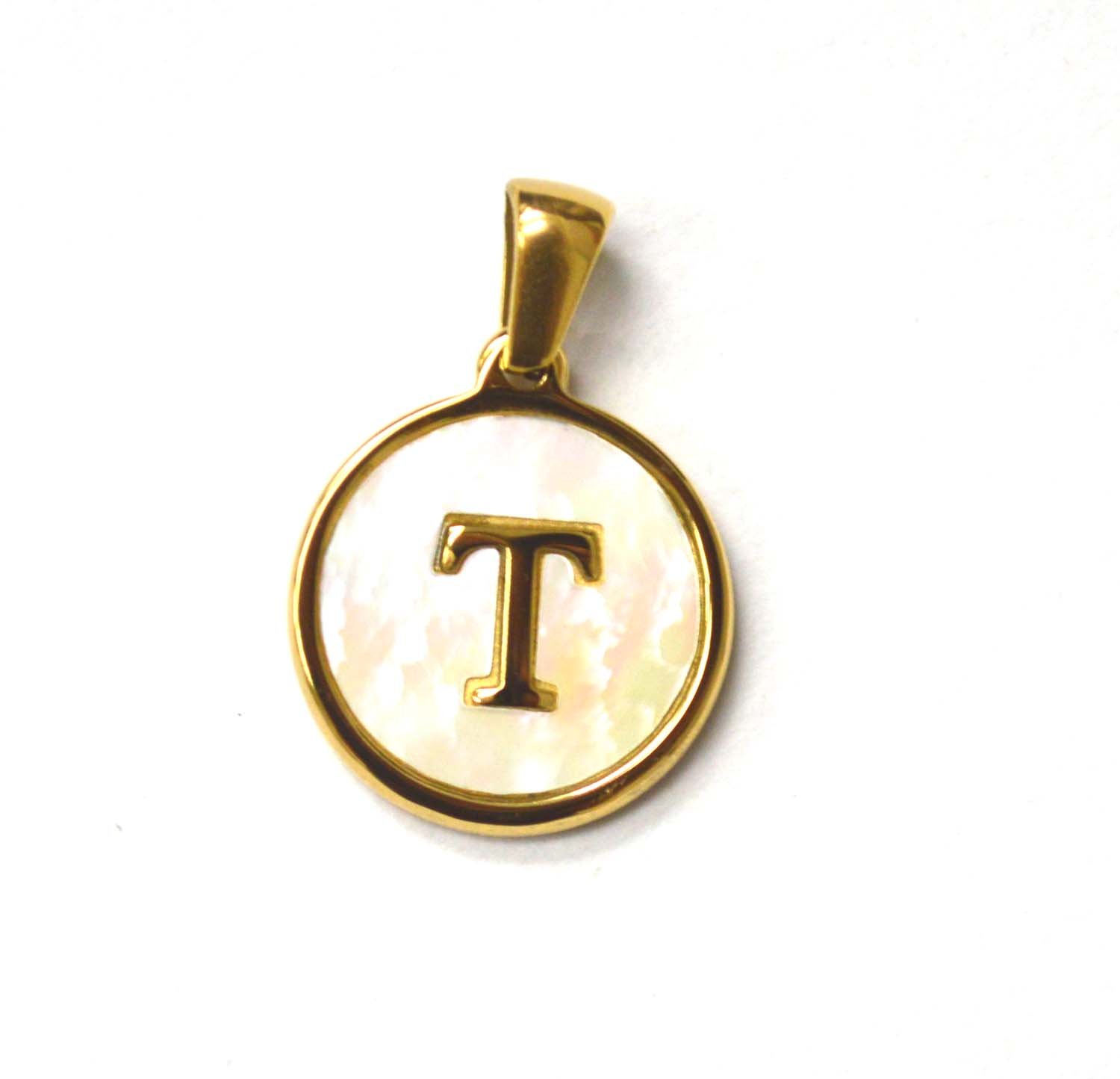 T Initial Gold IP Plated in Mother of Pearl Pendant 86-2479-T