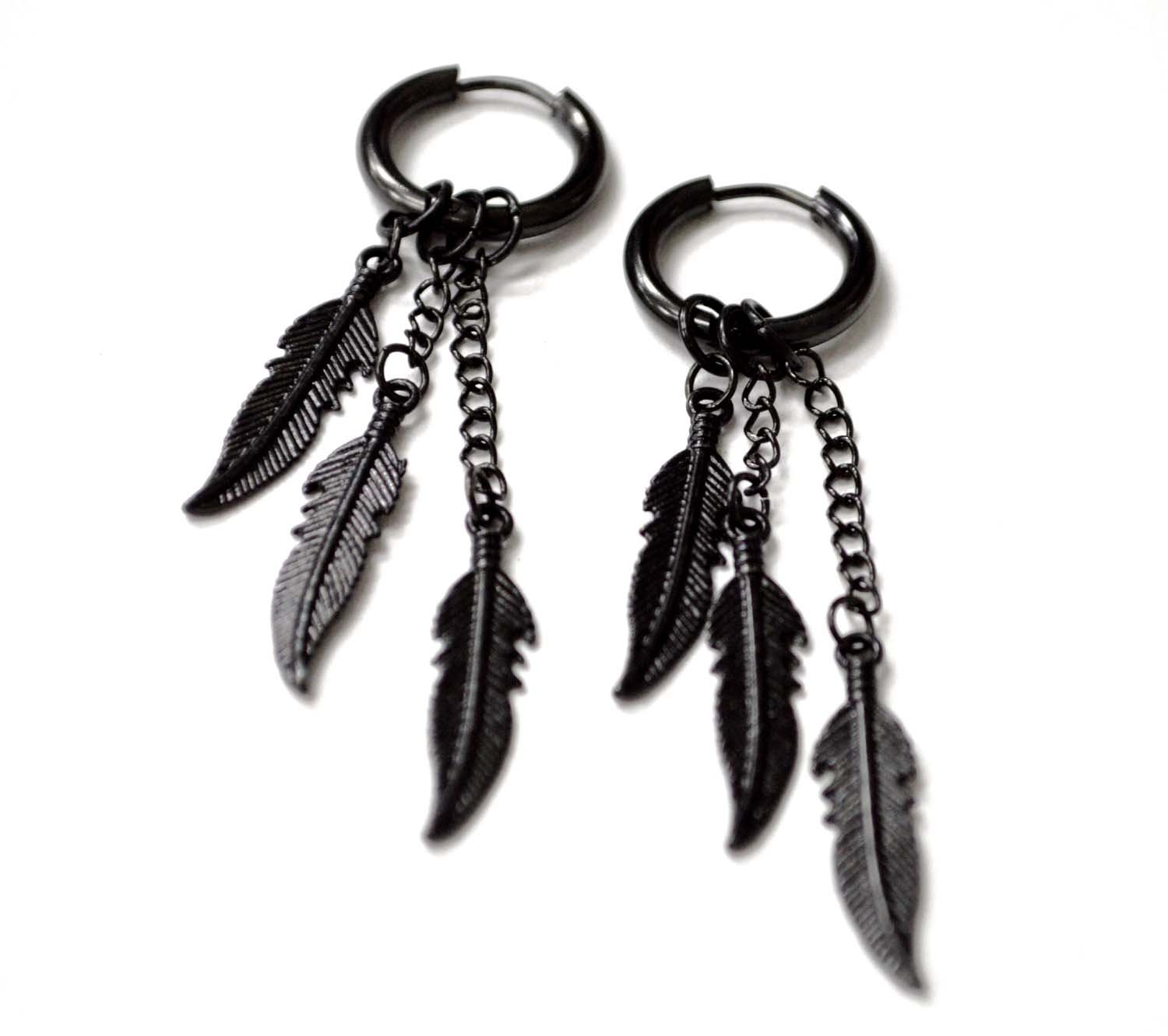 Dangling Feather in Hoops Black Plated Earrings 83-900B