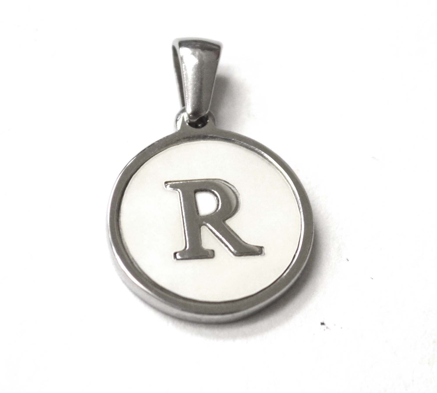 R Initial Stainless Steel in Mother of Pearl Pendant 86-2479S-R