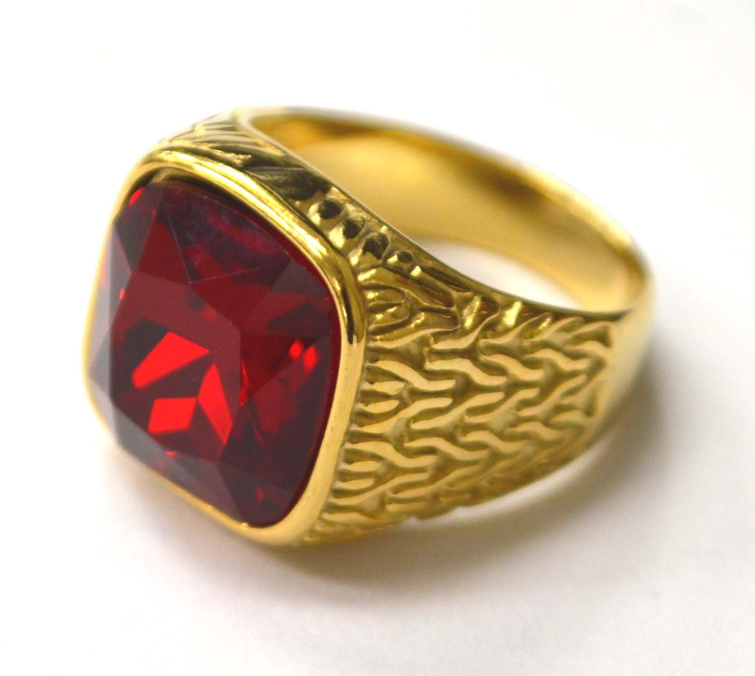 Red CZ Stone Gold IP Plated Ring 81-1474G-Red