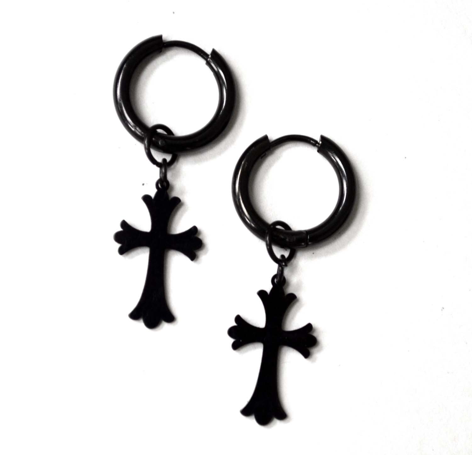 Dangling Cross in Hoops Black Plated Earrings 83-843B