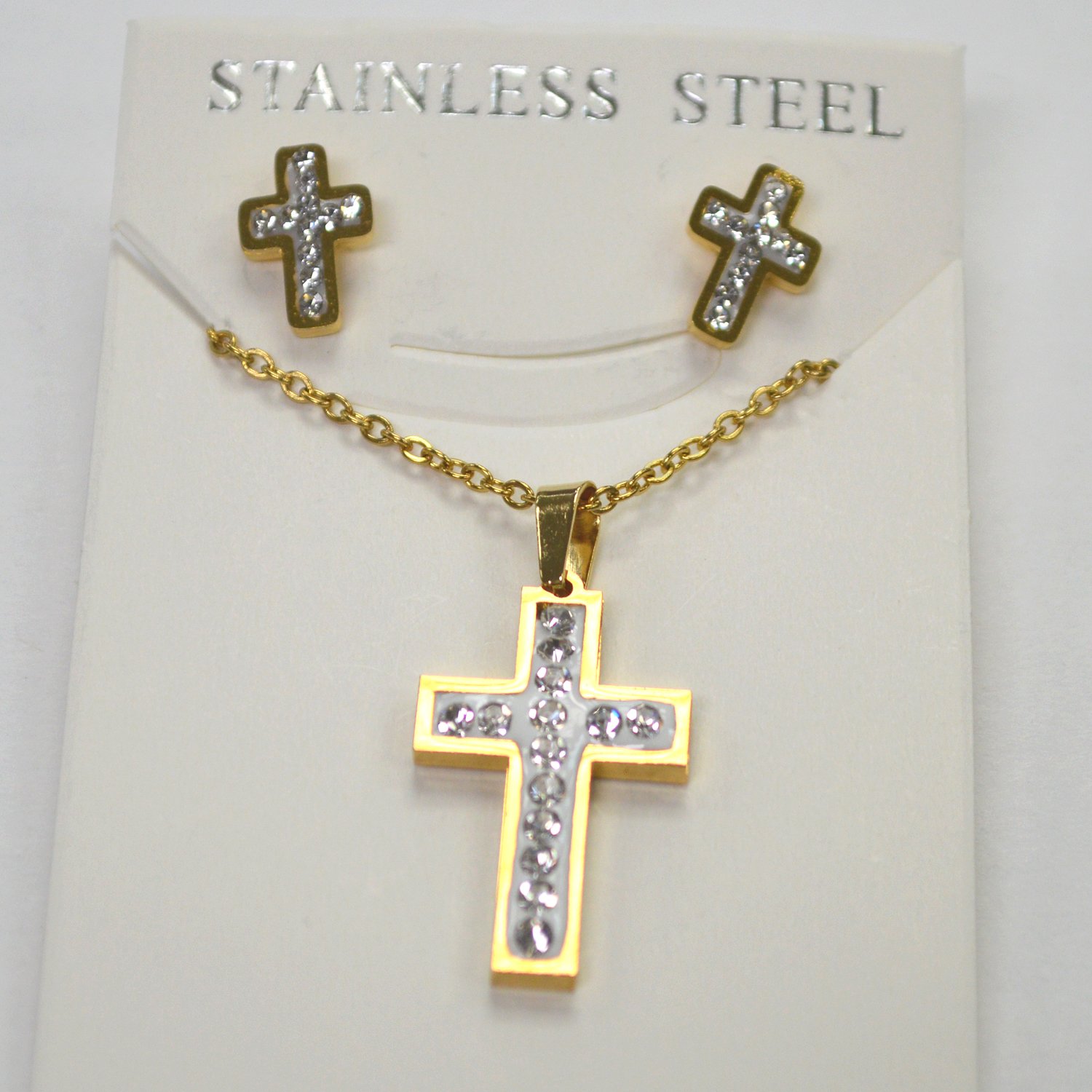 Cross Earrings and Necklace SET Gold IP Plated 89-1023