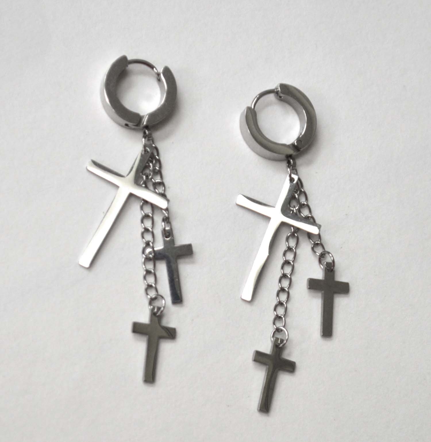 Triple Cross Dangling Stainless Steel Huggies 83-670S-3