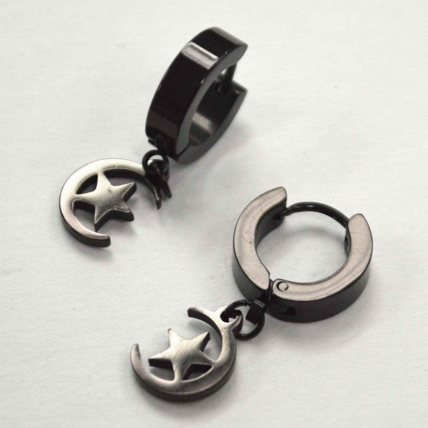 Half Moon and Star Black Plated Huggies Earring 83-799B
