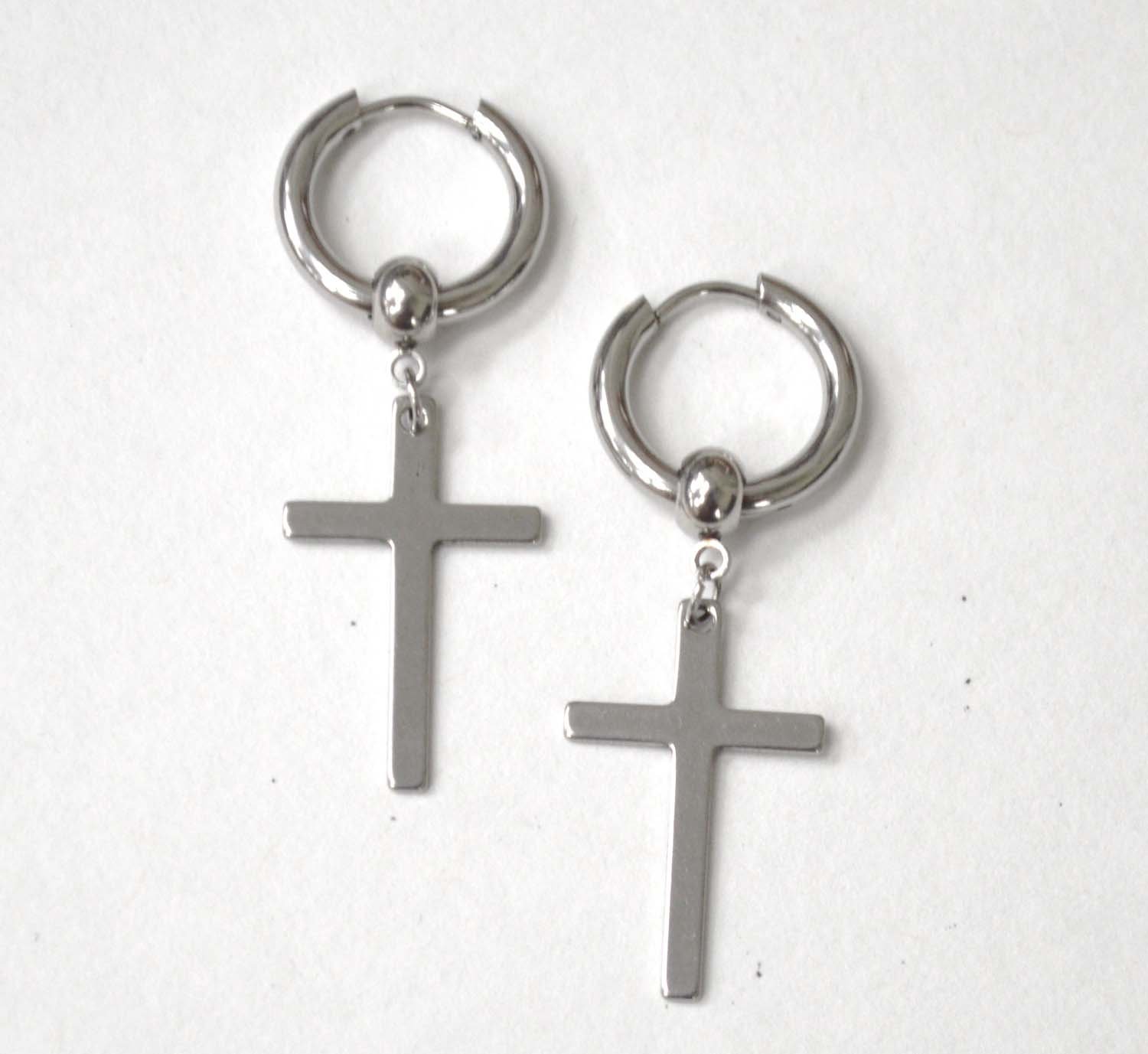 Dangling Cross Stainless Steel Hoops Earrings 83-768S-1