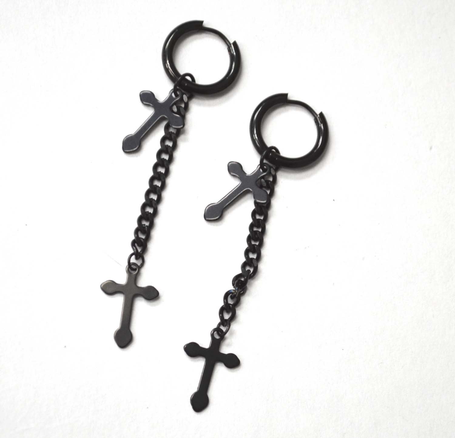 Cross Black Plated Hoops Earrings 83-890B