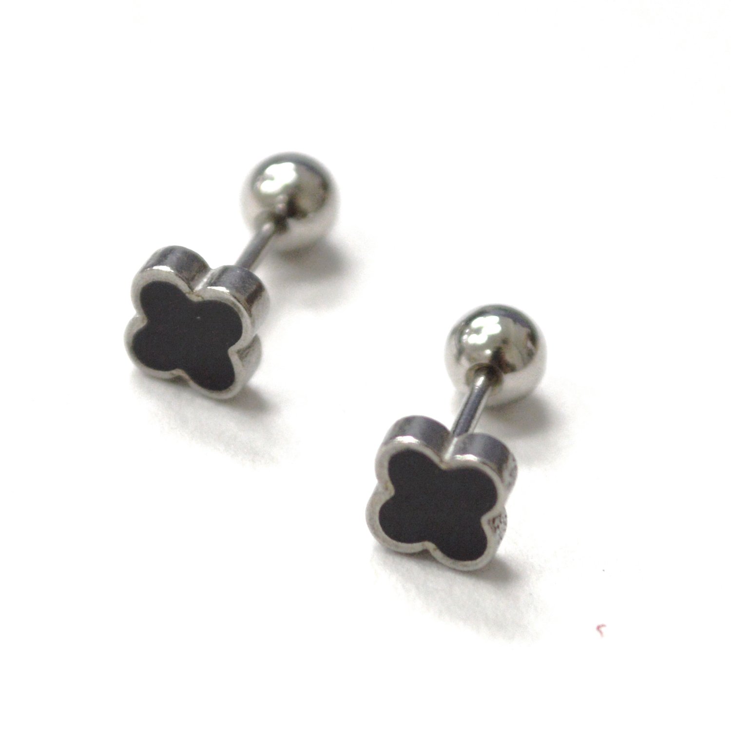 Clover Screw Back Ball Stainless Steel Earrings 83-955S-Black