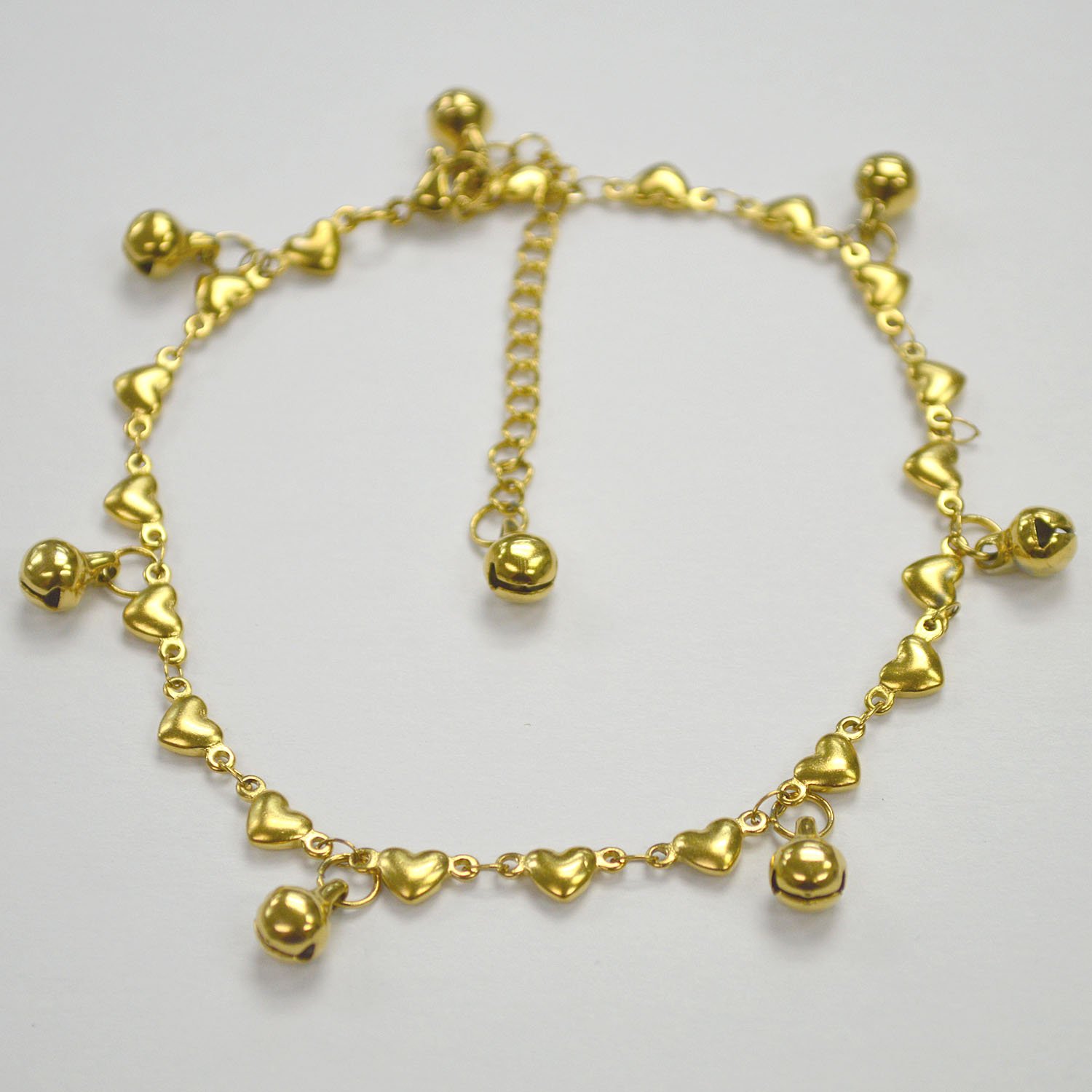 Dangling Bells with Heart Link Gold IP Plated Anklet 82-158G