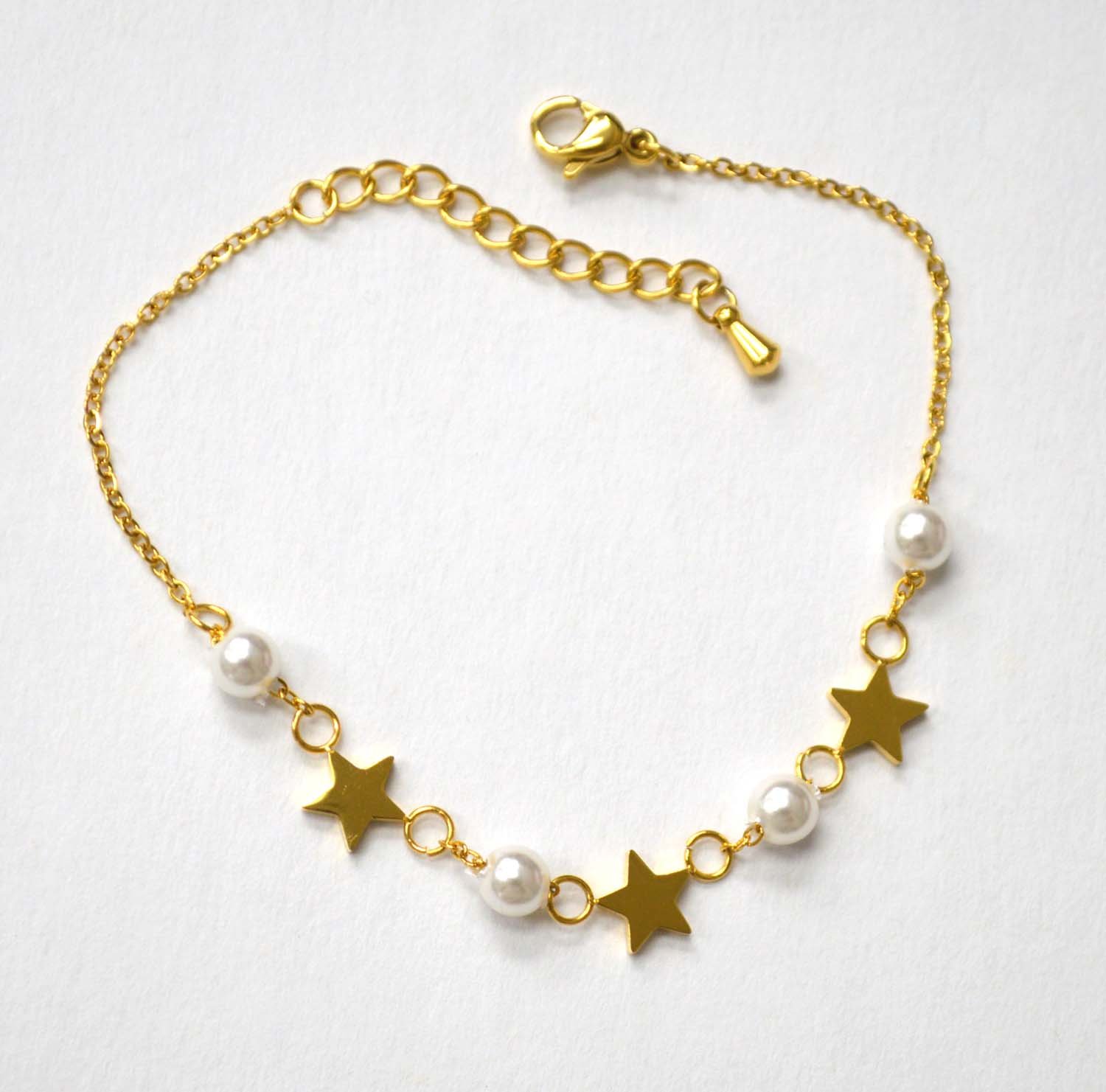 Stars/Pearl Link Gold IP Plated Bracelet 84-1859G