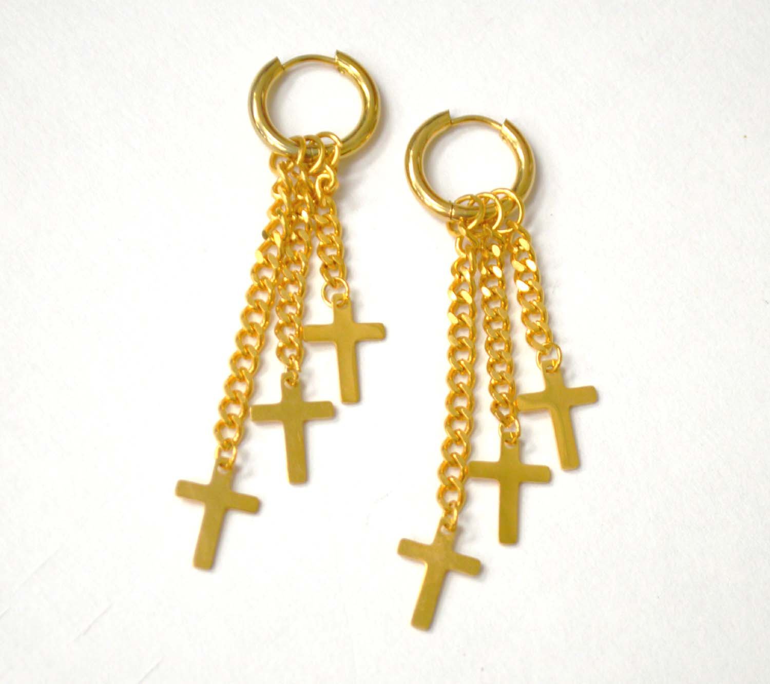 Dangling Cross with Link chain Gold Plated Earrings 83-889G