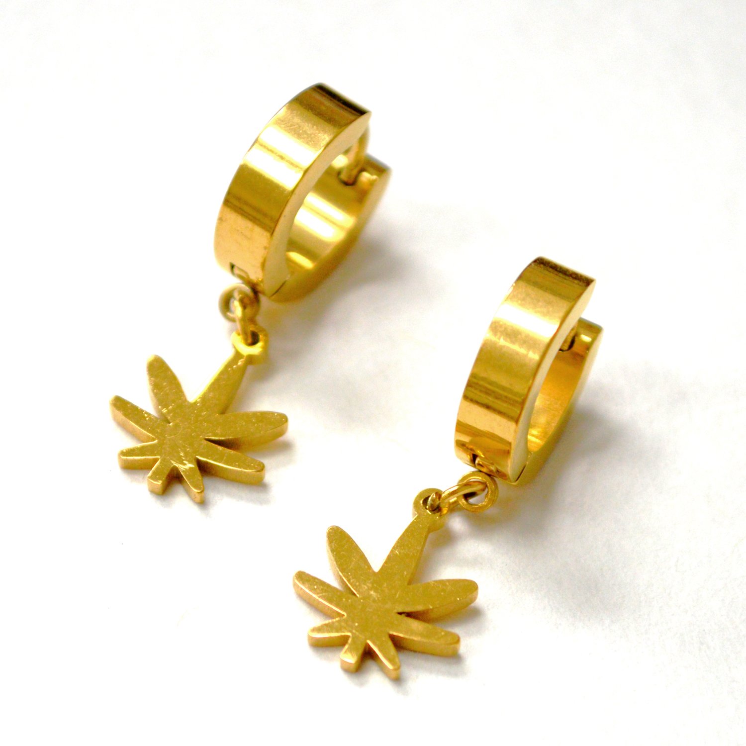 Marijuana Leaf Gold Plated Huggies Earrings 83-754G
