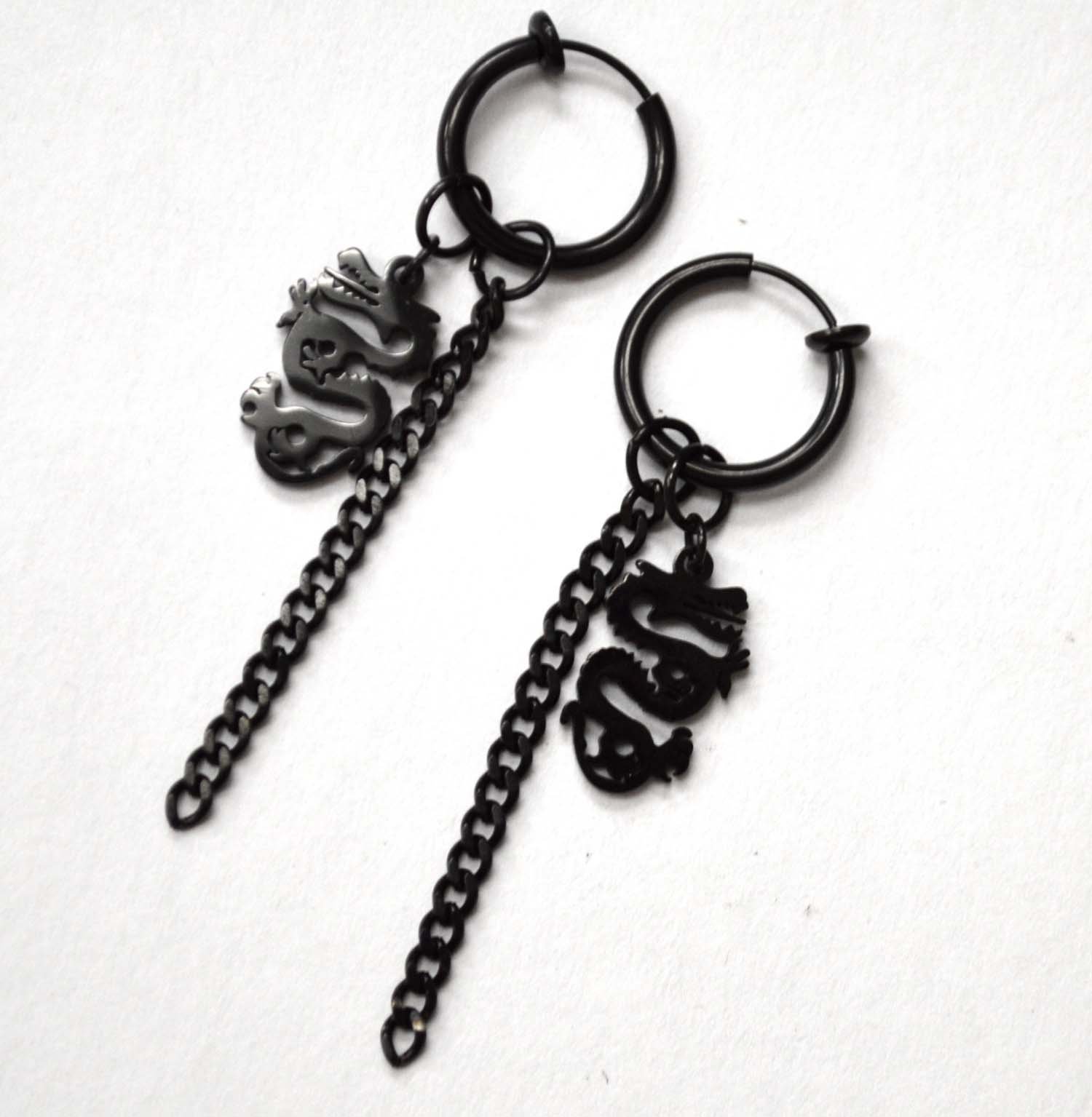 Dangling Dragon with Link chain Black Plated Earrings 83-863B