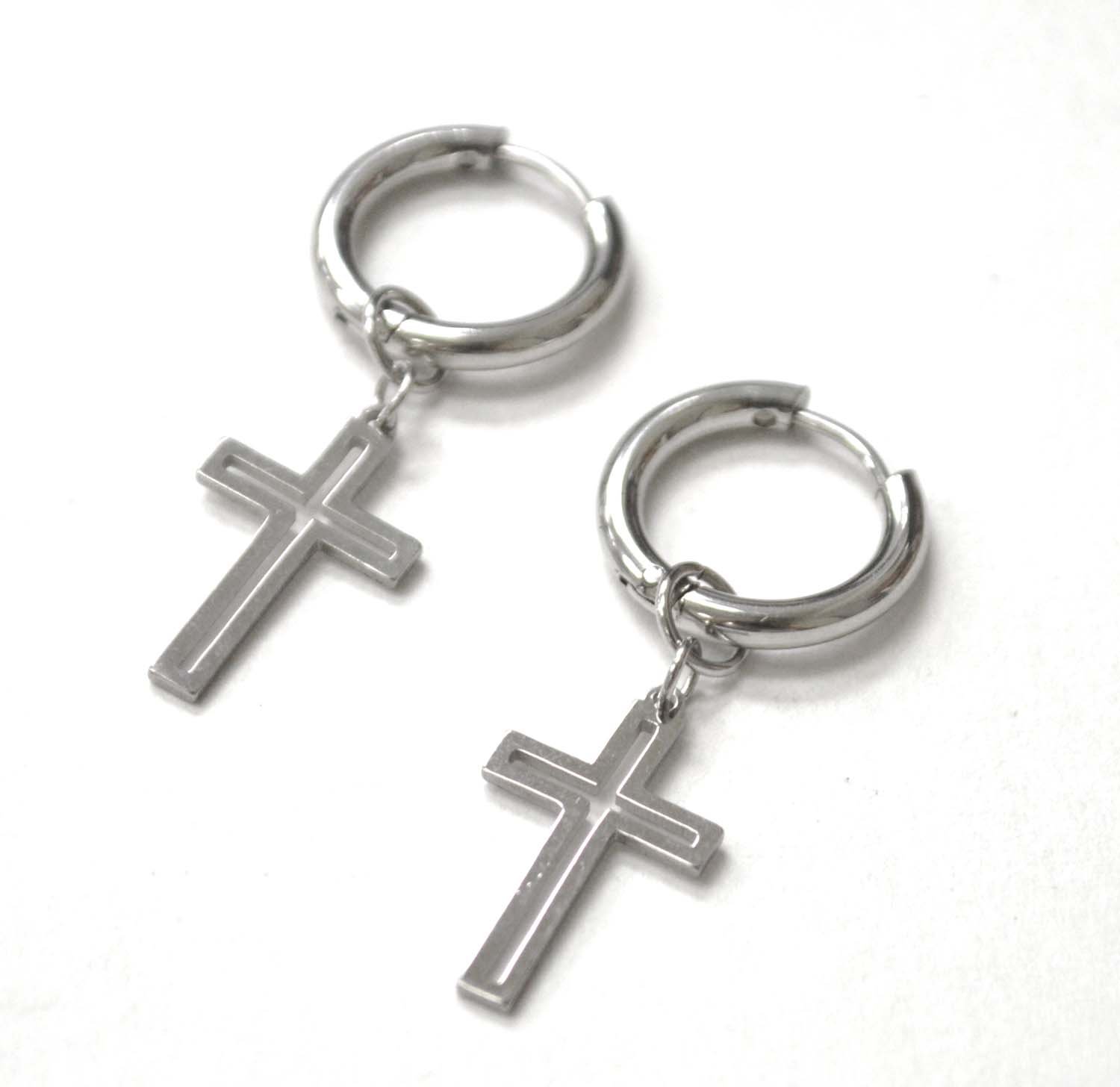 Dangling Cross in Hoops Stainless Steel Earrings 83-842S