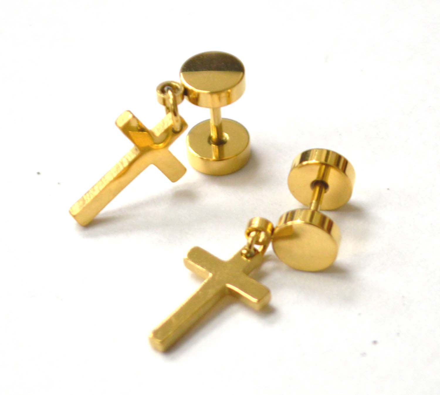 Dangling Cross Gold Plated  Earring Screw Back 83-760G-1