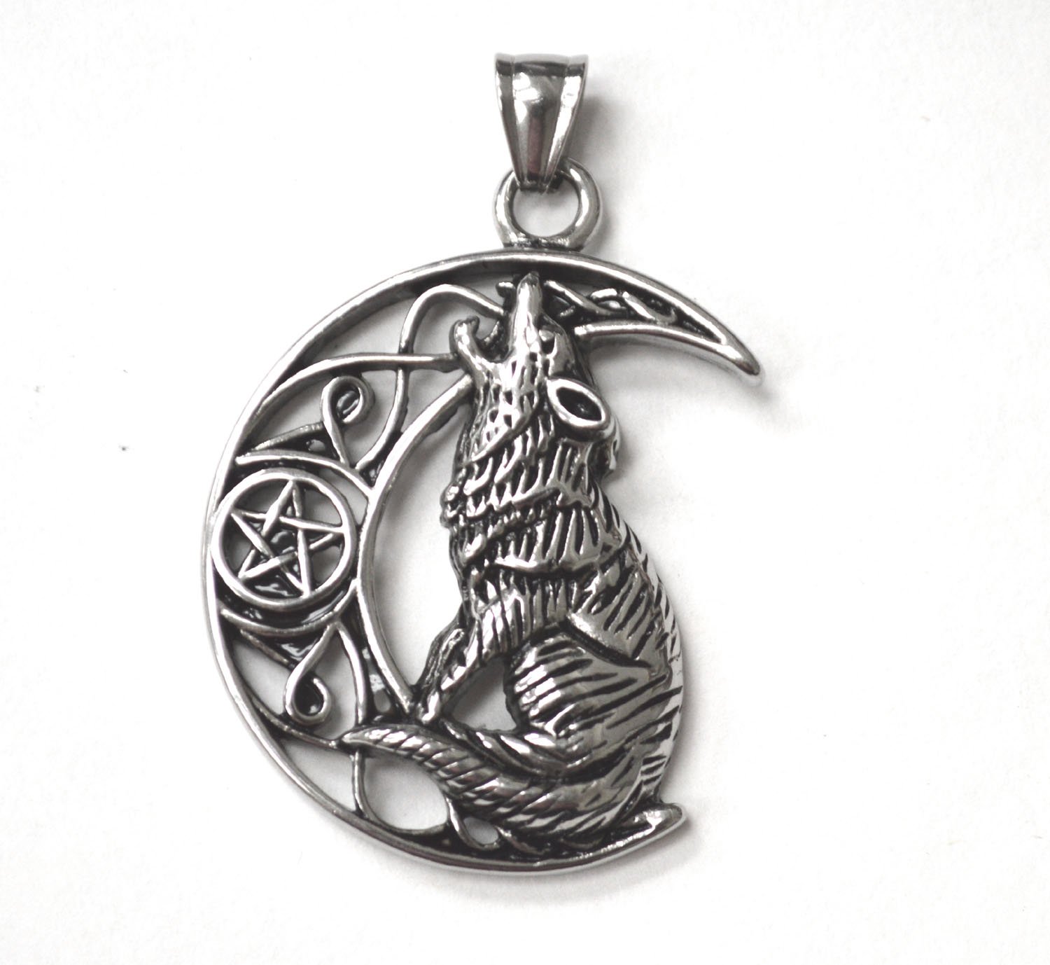 Wolf Half Moon Stainless Steel Pendant 86-2461S-L
