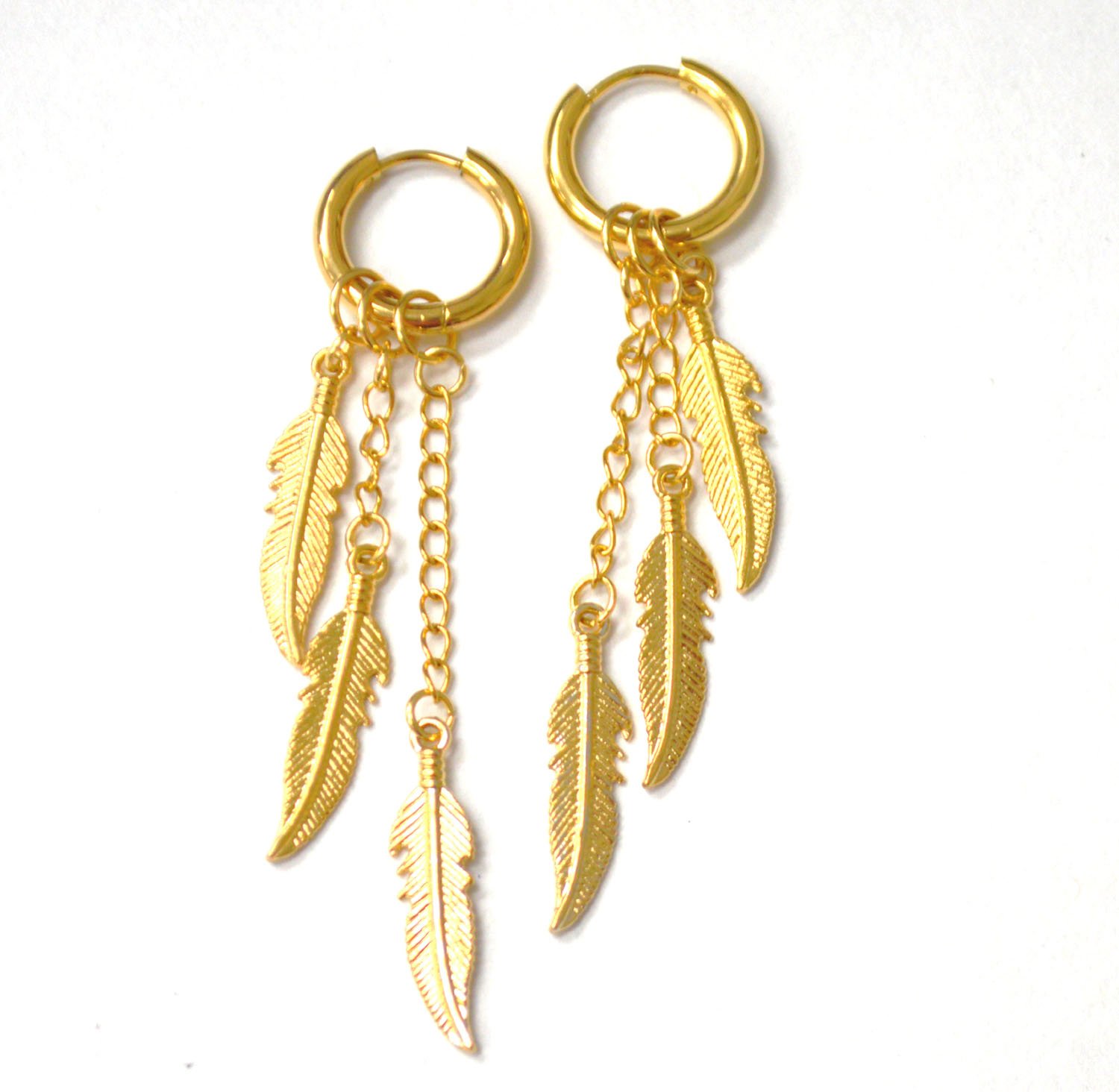 Dangling Feather in Hoops Gold Plated Earrings 83-900G