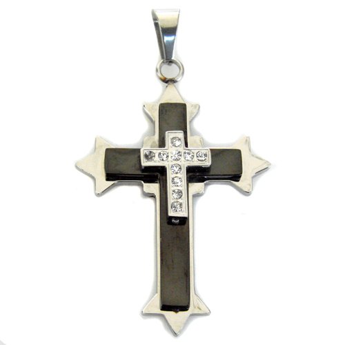 Two Tone Black CZ Cross Pendant Stainless Steel (33x45mm)