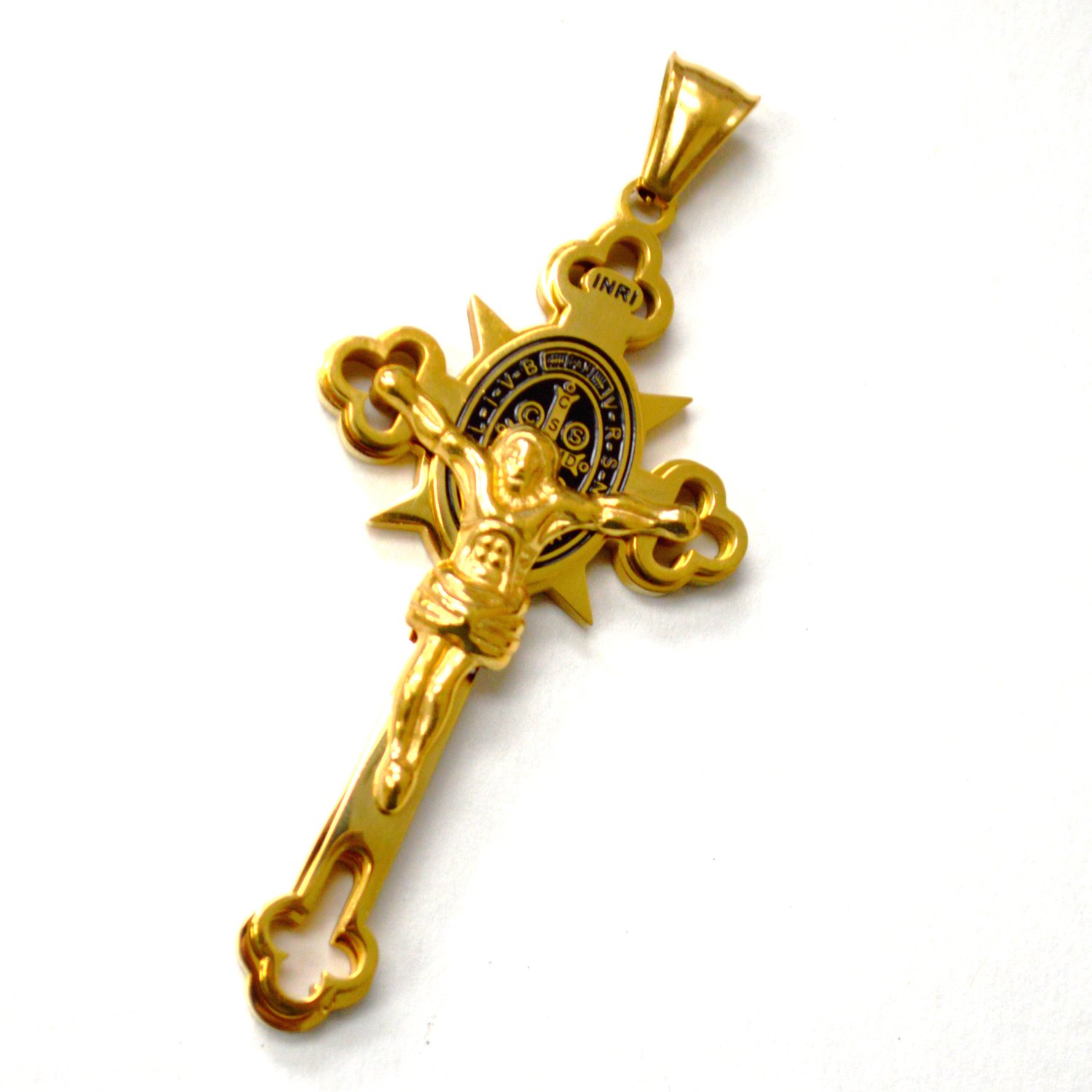 Crucifix with San Beneto Gold IP Plated Pendant 86-3113G