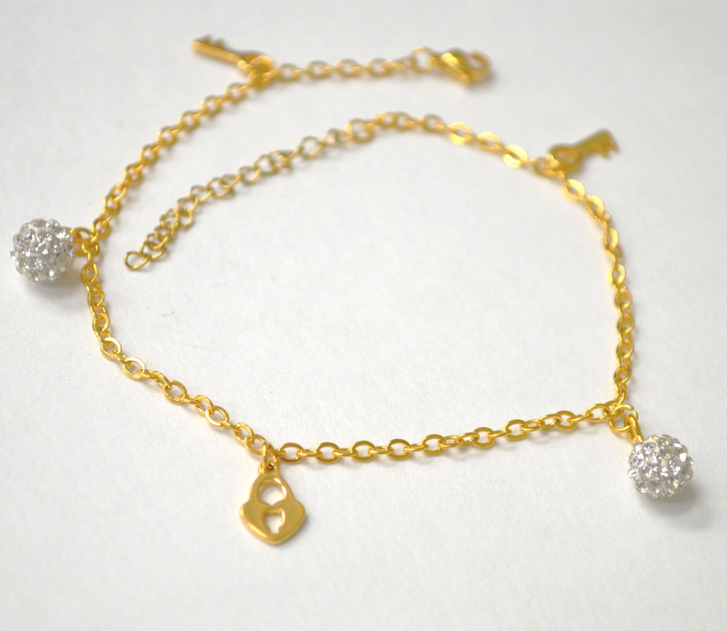 Lock /Key/Glitter Balls Gold IP Plated Anklet 82-244G