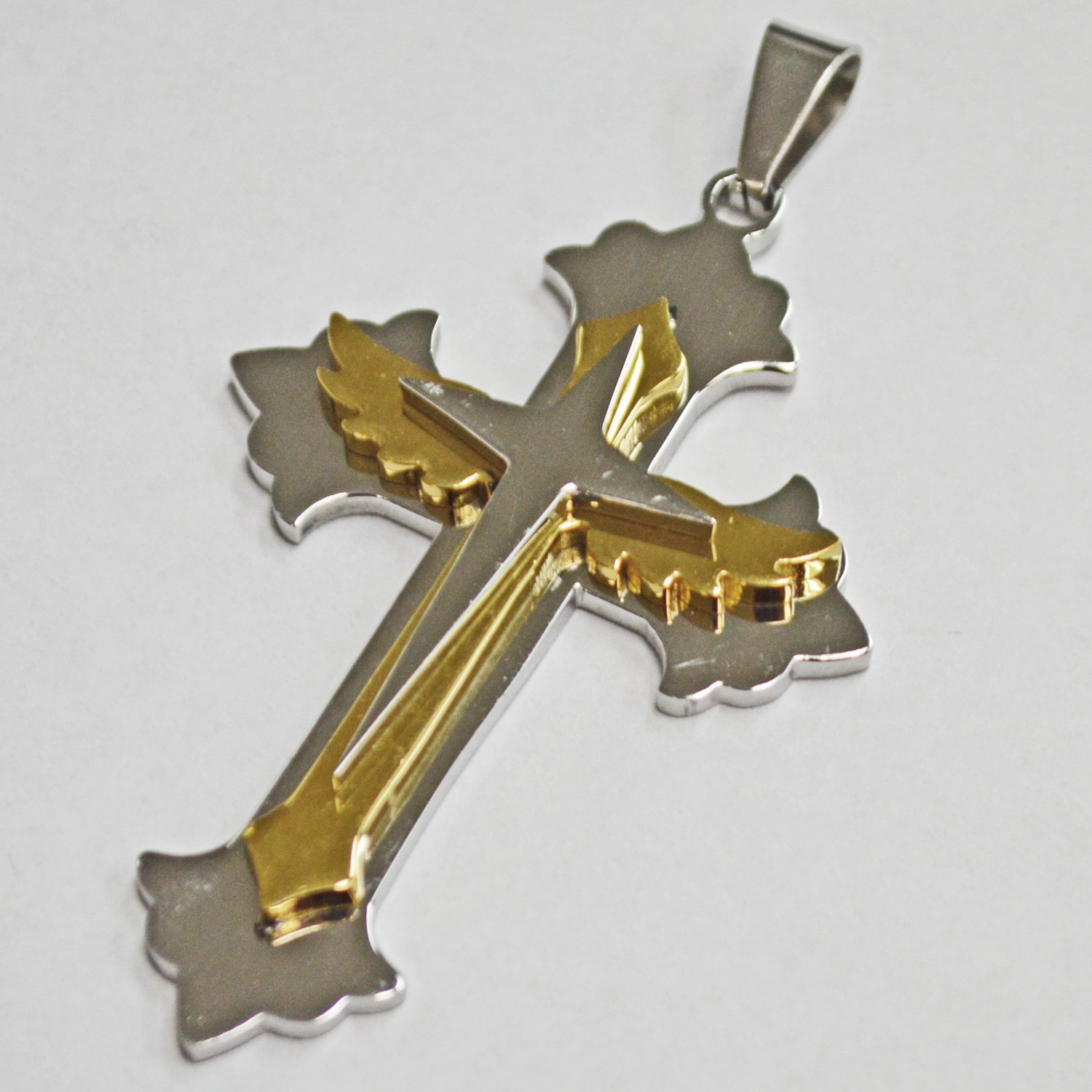Two Tone Gold Layered Wing Cross Pendant
