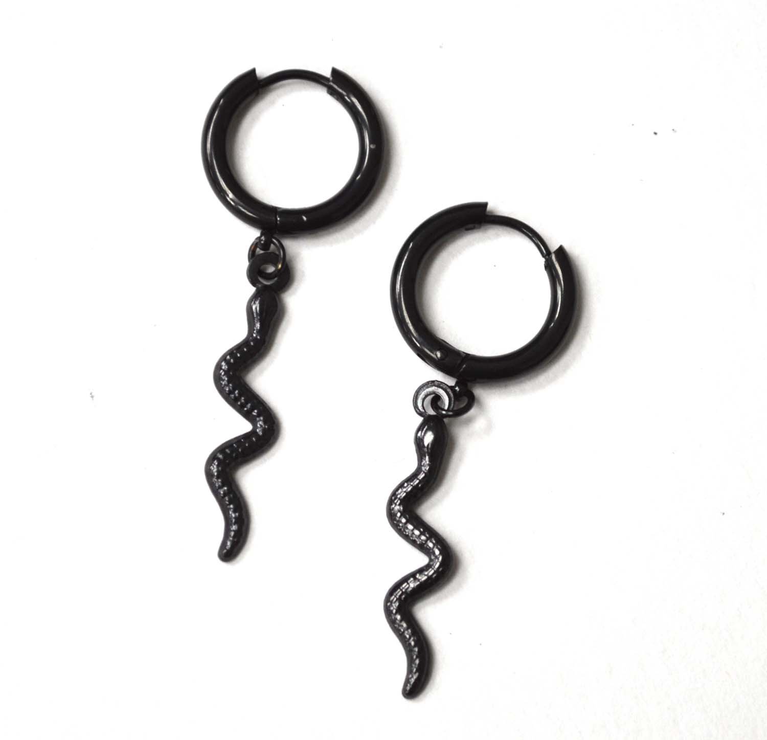 Dangling Snake Black Plated Hoops Earrings 83-904B