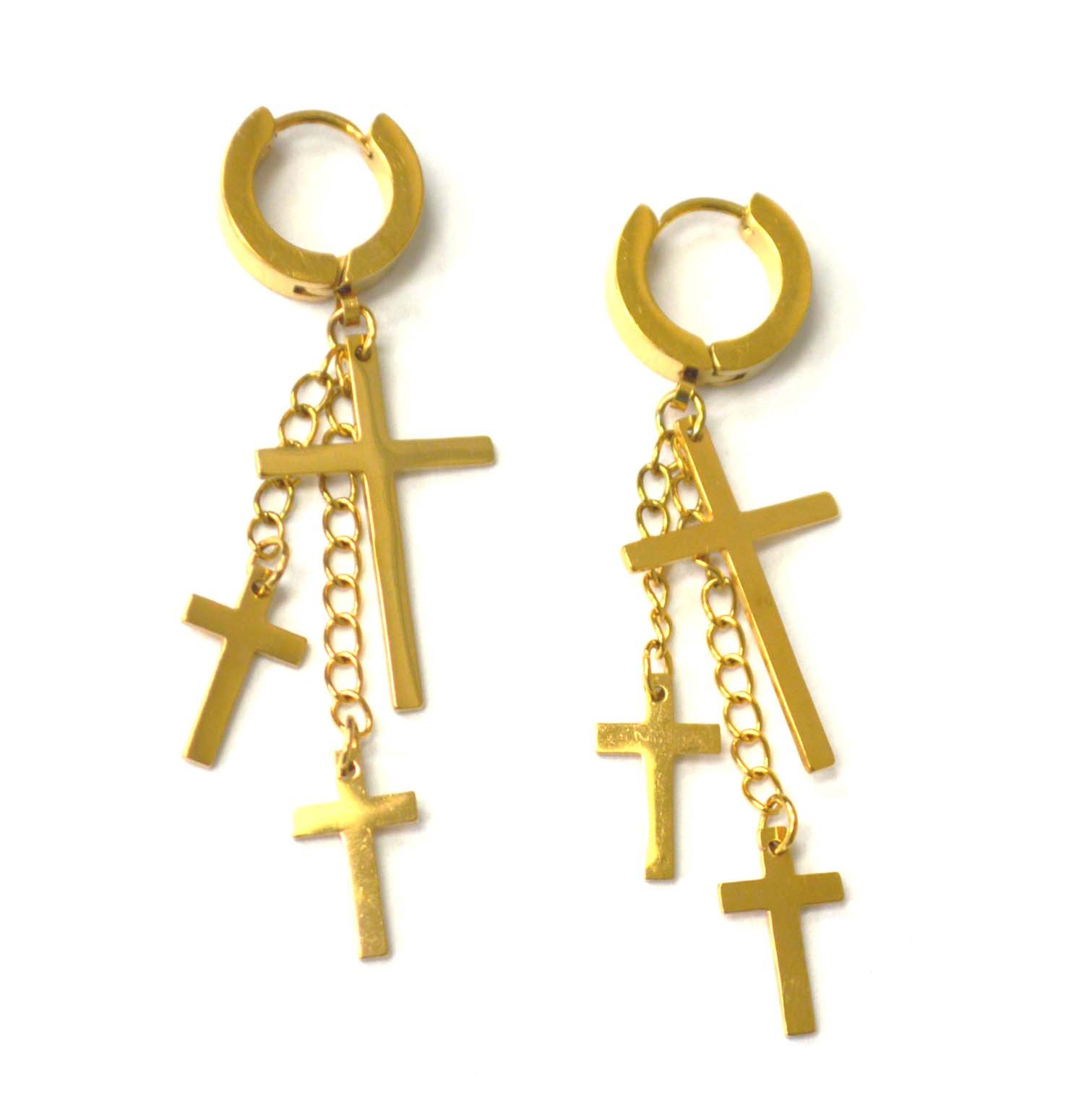 Triple Cross Dangling Gold Plated Huggies 83-670G-3