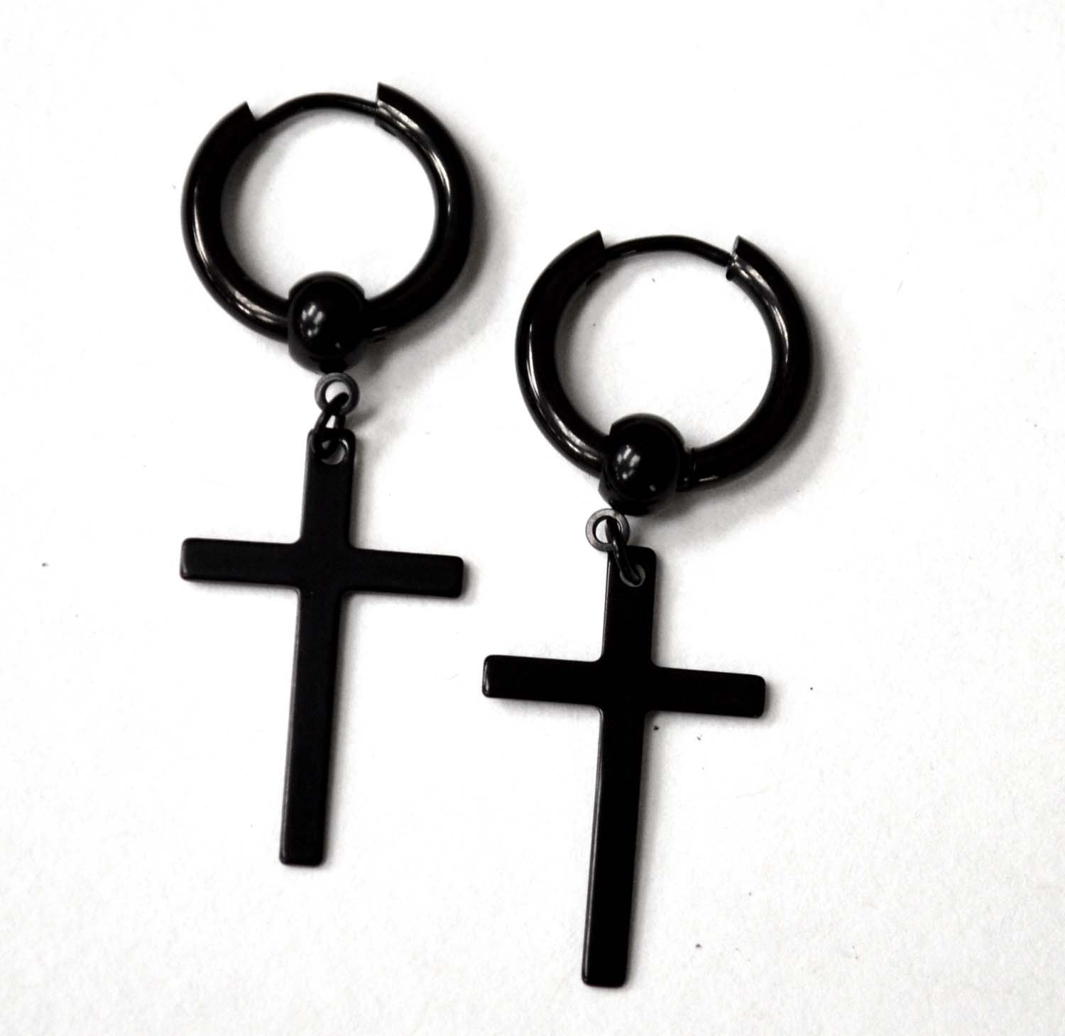 Dangling Cross Black Plated Hoops Earrings 83-768B-1