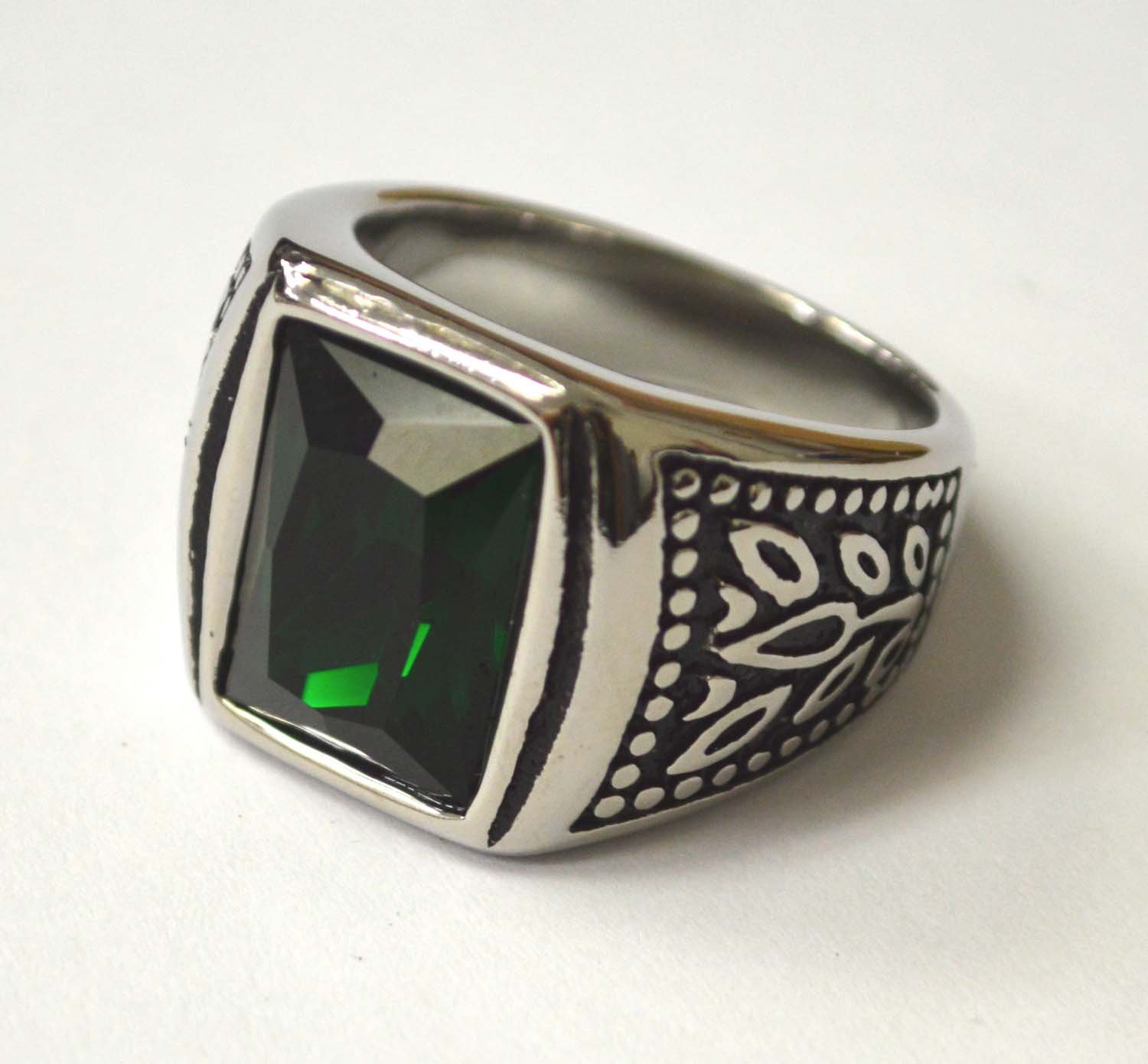 Green Stone Stainless Steel Ring 81-1501-Green