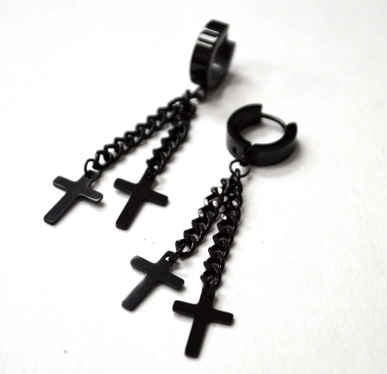 Cross Dangling Black Plated Earrings 83-886B