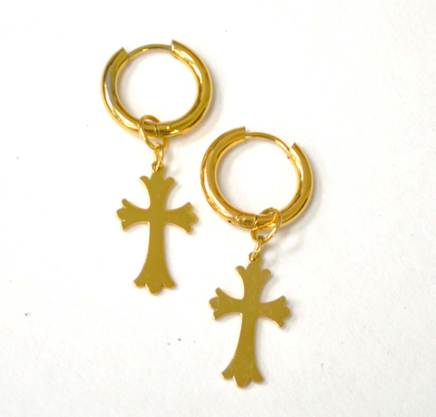 Dangling Cross in Hoops Gold Plated Earrings 83-843G