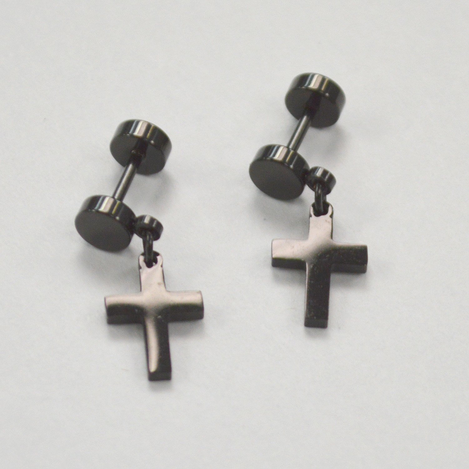 Dangling Cross Black Plated  Earring Screw Back 83-760B