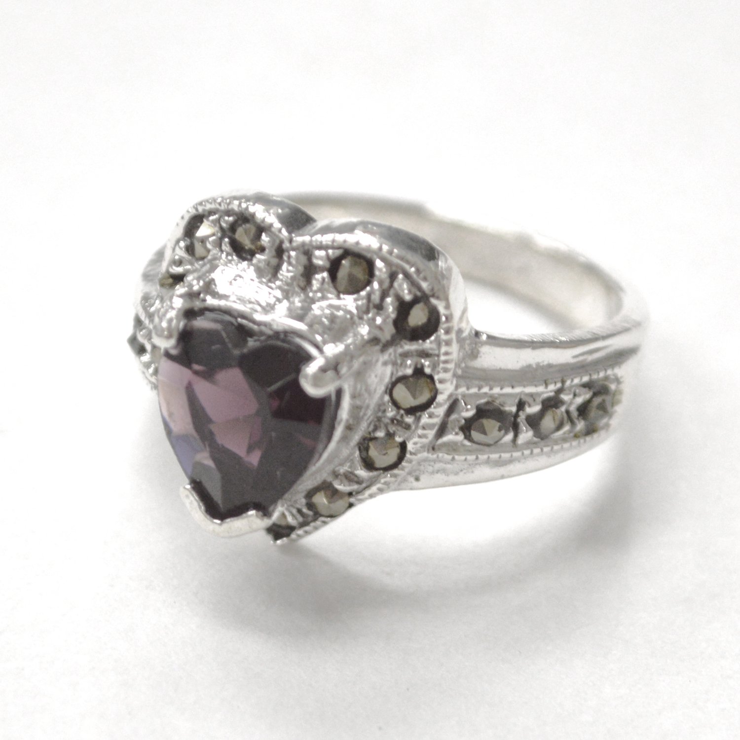 Garnet Heart with Marcasites Stones Sterling Silver Ring 51-3057