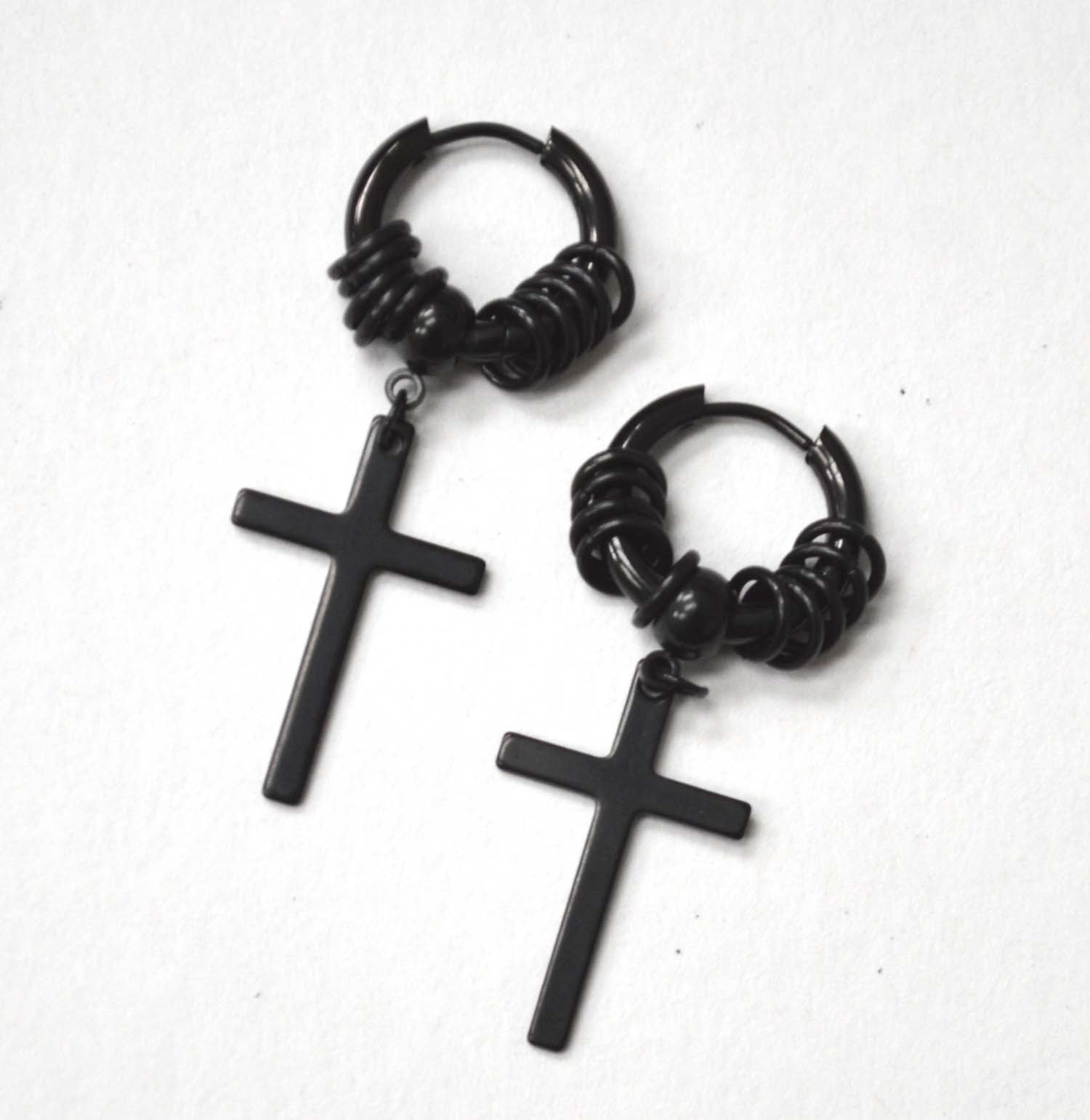 Dangling Cross Black Plated Hoops Earrings 83-887B