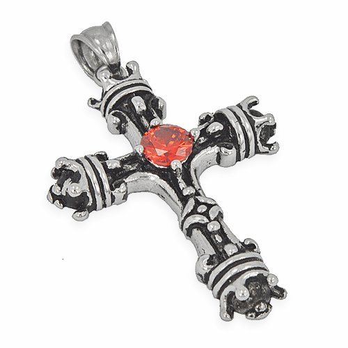 Red CZ Cross Pendant Stainless Steel (29x42mm)