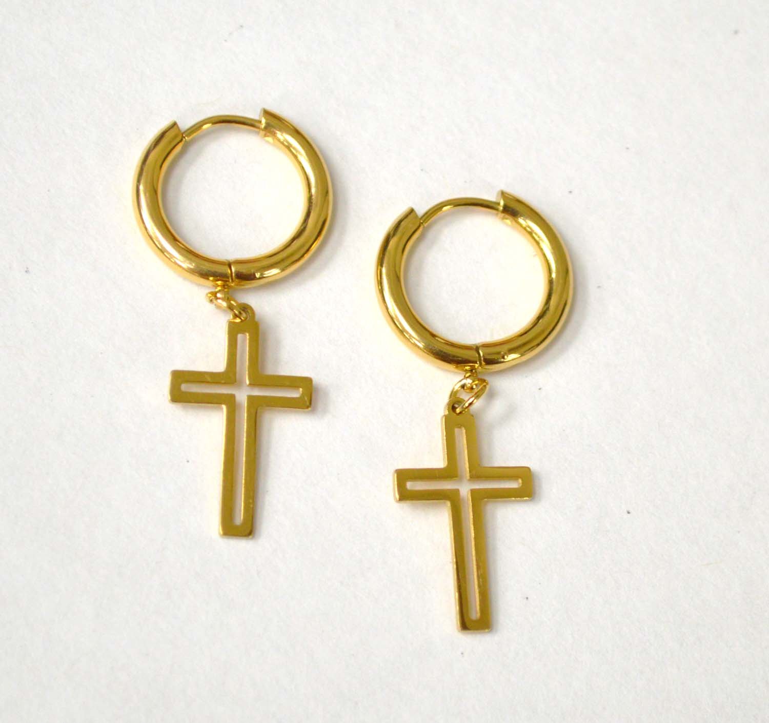 Dangling Cross in Hoops Gold Plated Earrings 83-842G