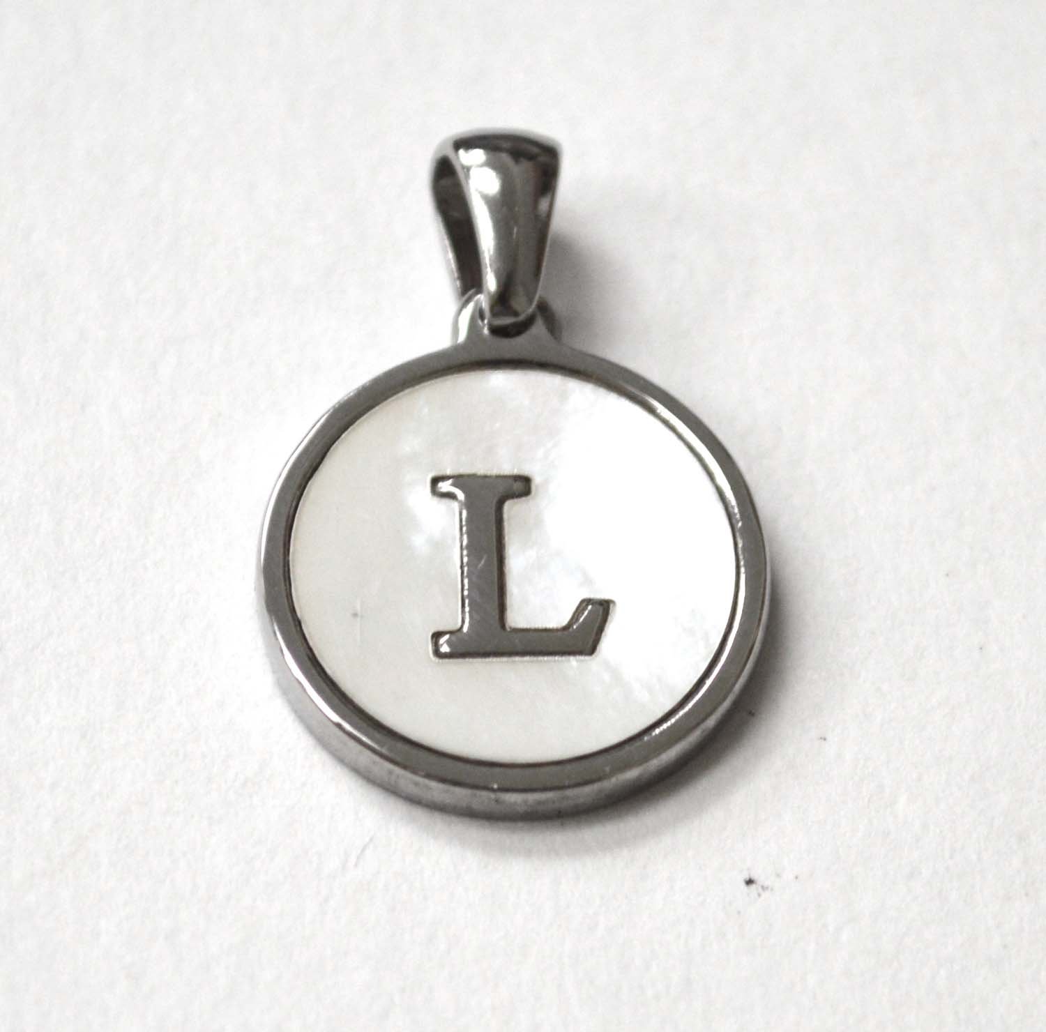 L Initial Stainless Steel in Mother of Pearl Pendant 86-2479S-L