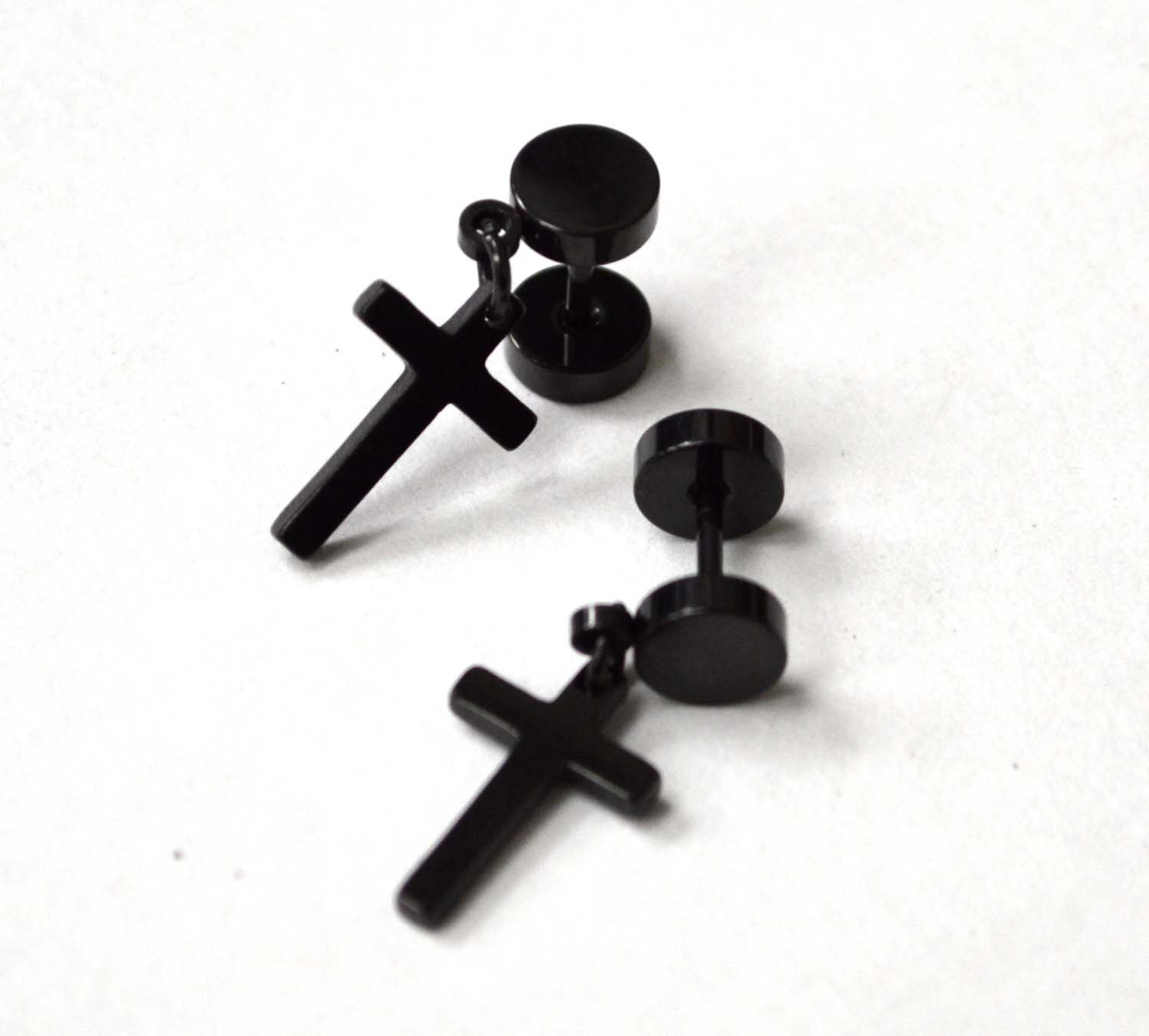 Dangling Cross Black Plated  Earring Screw Back 83-760B-1