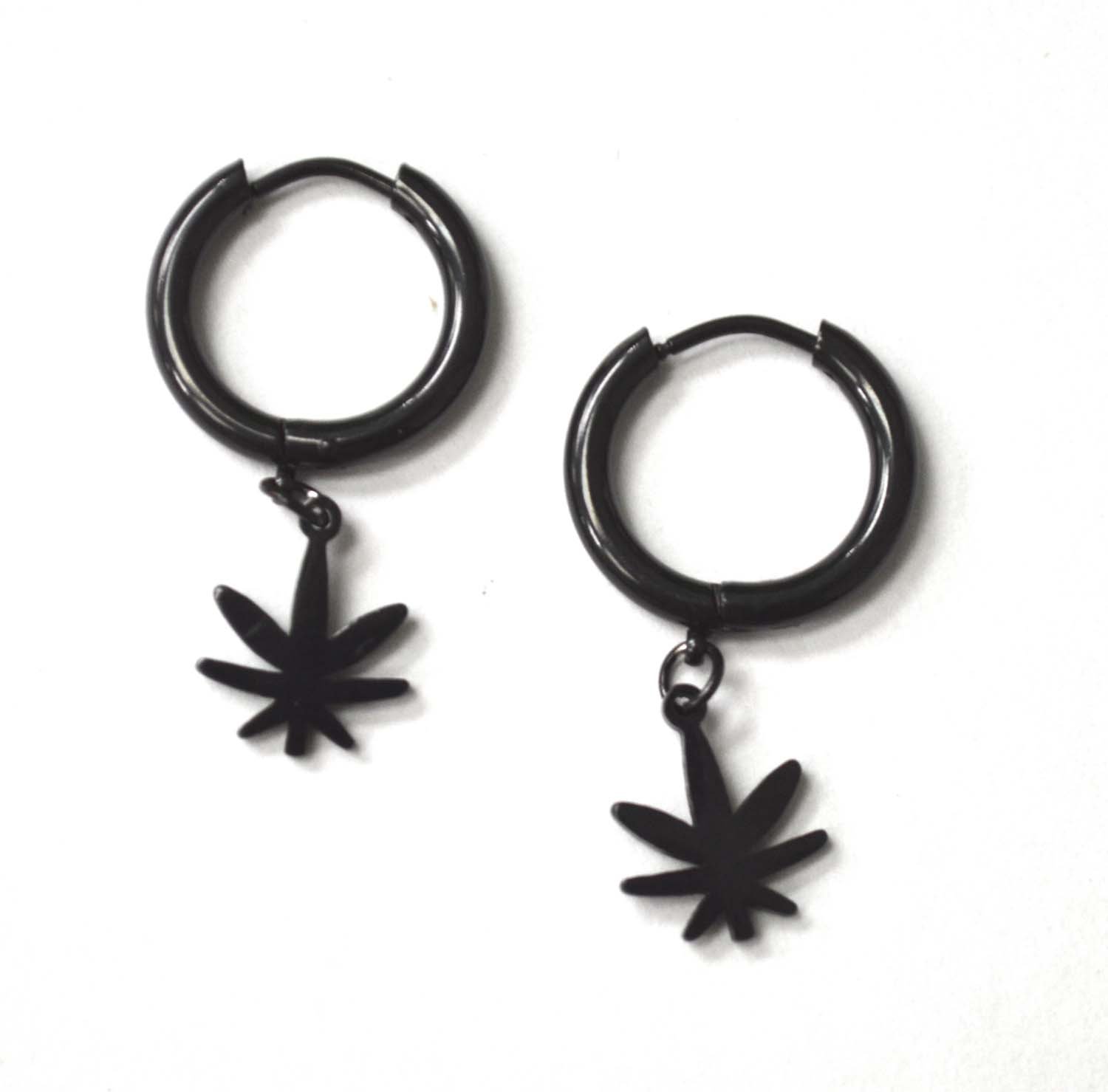 Hoops Earring with Dangling Pot Leaf Black Plated 83-856B