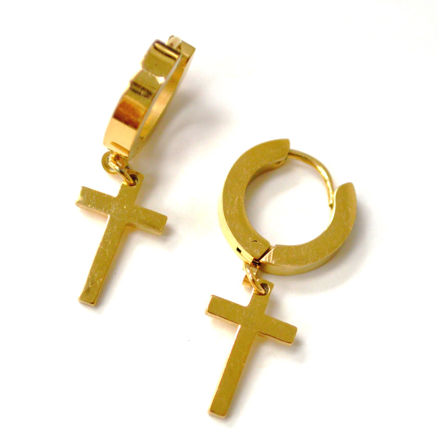 Cross Dangling Gold Plated Steel Huggies 83-950G