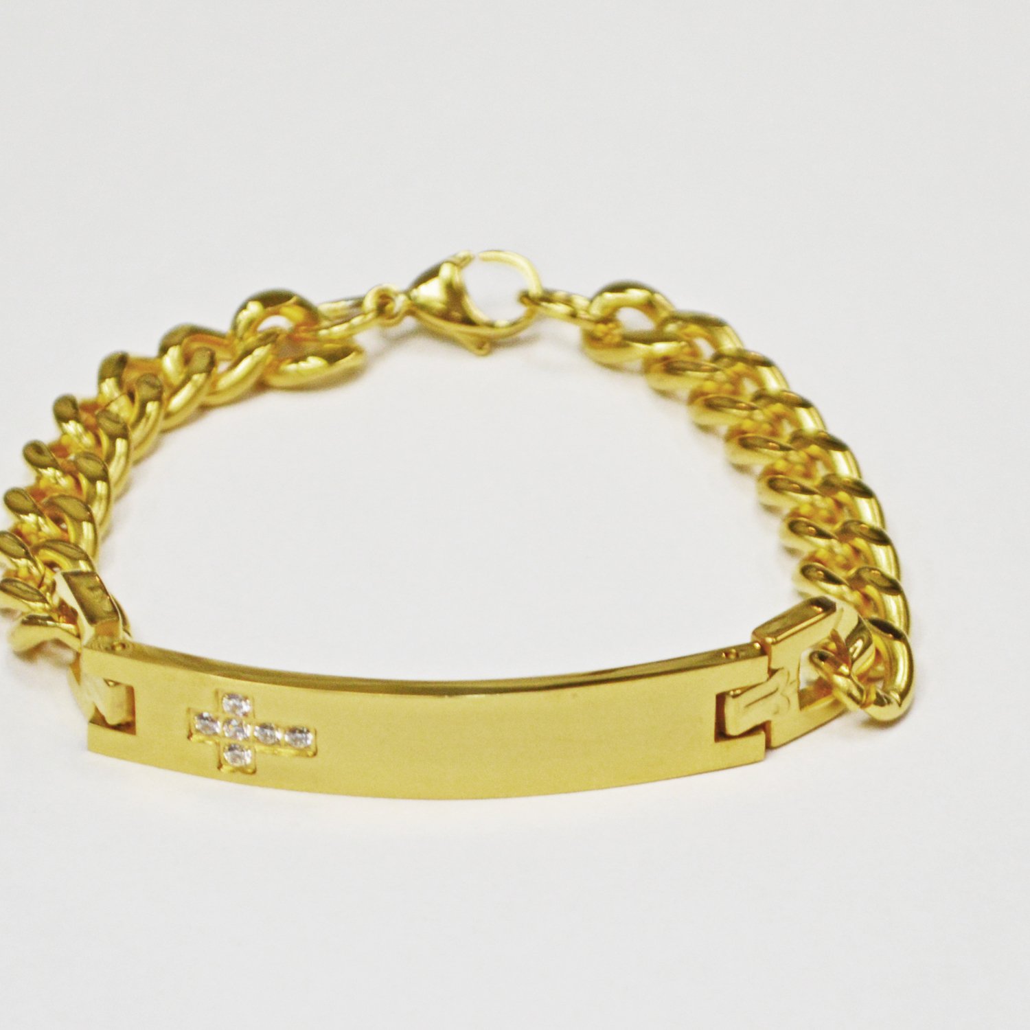 CZ CROSS GOLD IP PLATED ID BRACELETS