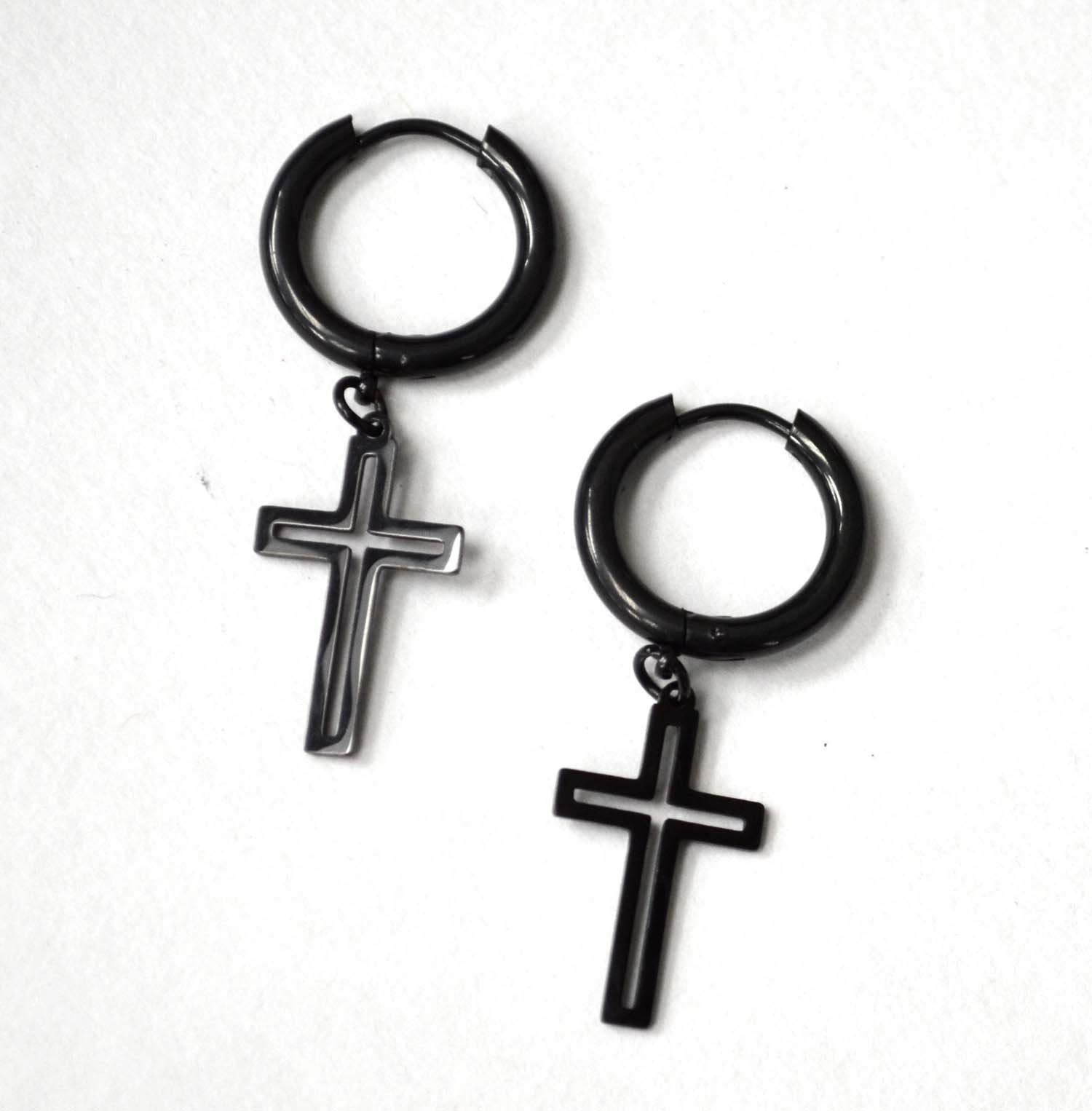 Dangling Cross in Hoops Black Plated Earrings 83-842B