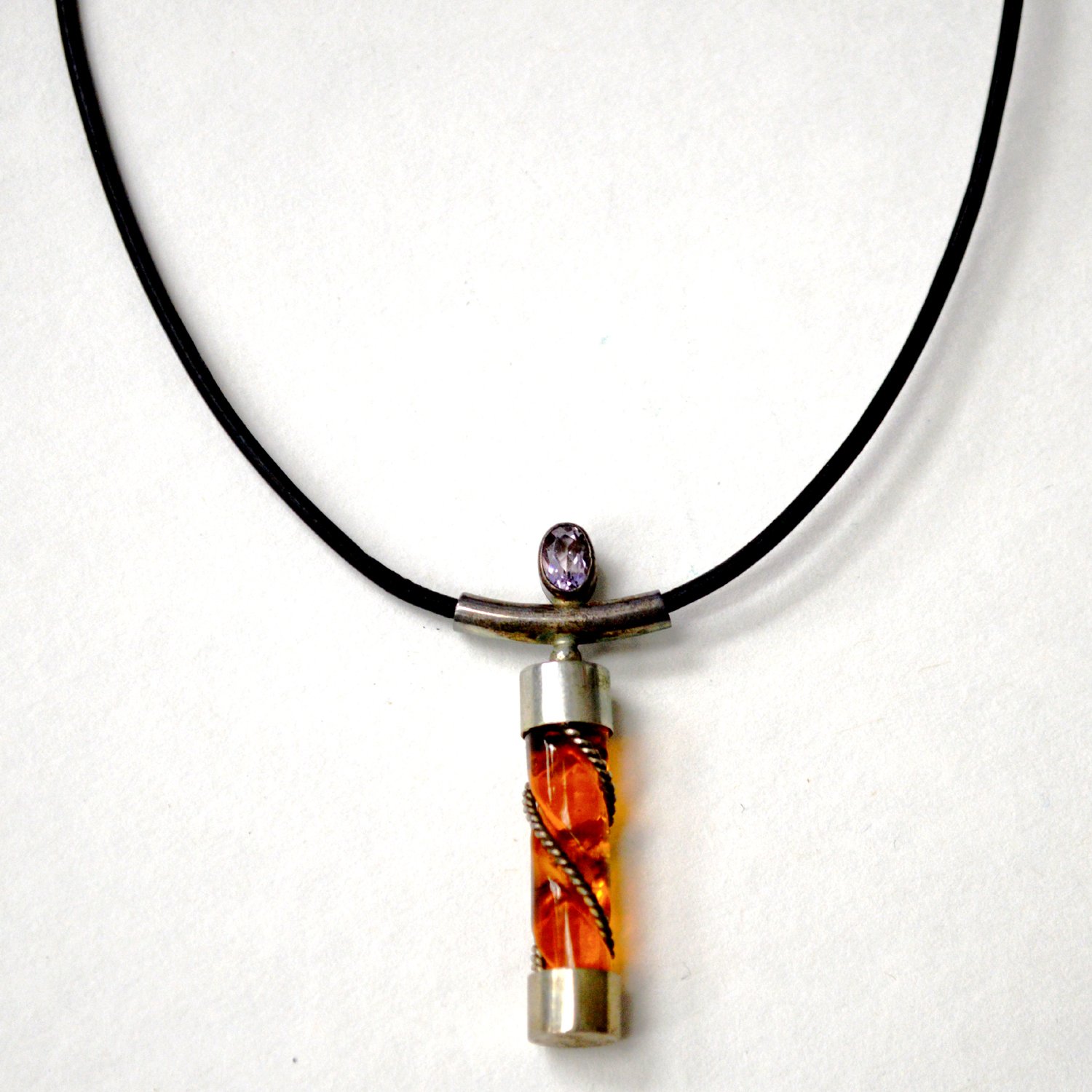 Closed Out-Amber with Semi Precious Stone with Black Cord 55-1041