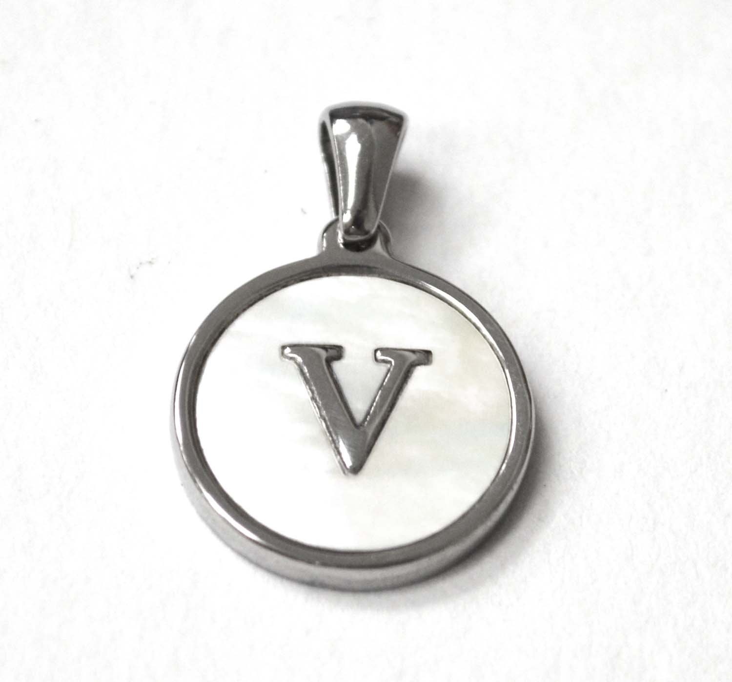 V Initial Stainless Steel in Mother of Pearl Pendant 86-2479S-V